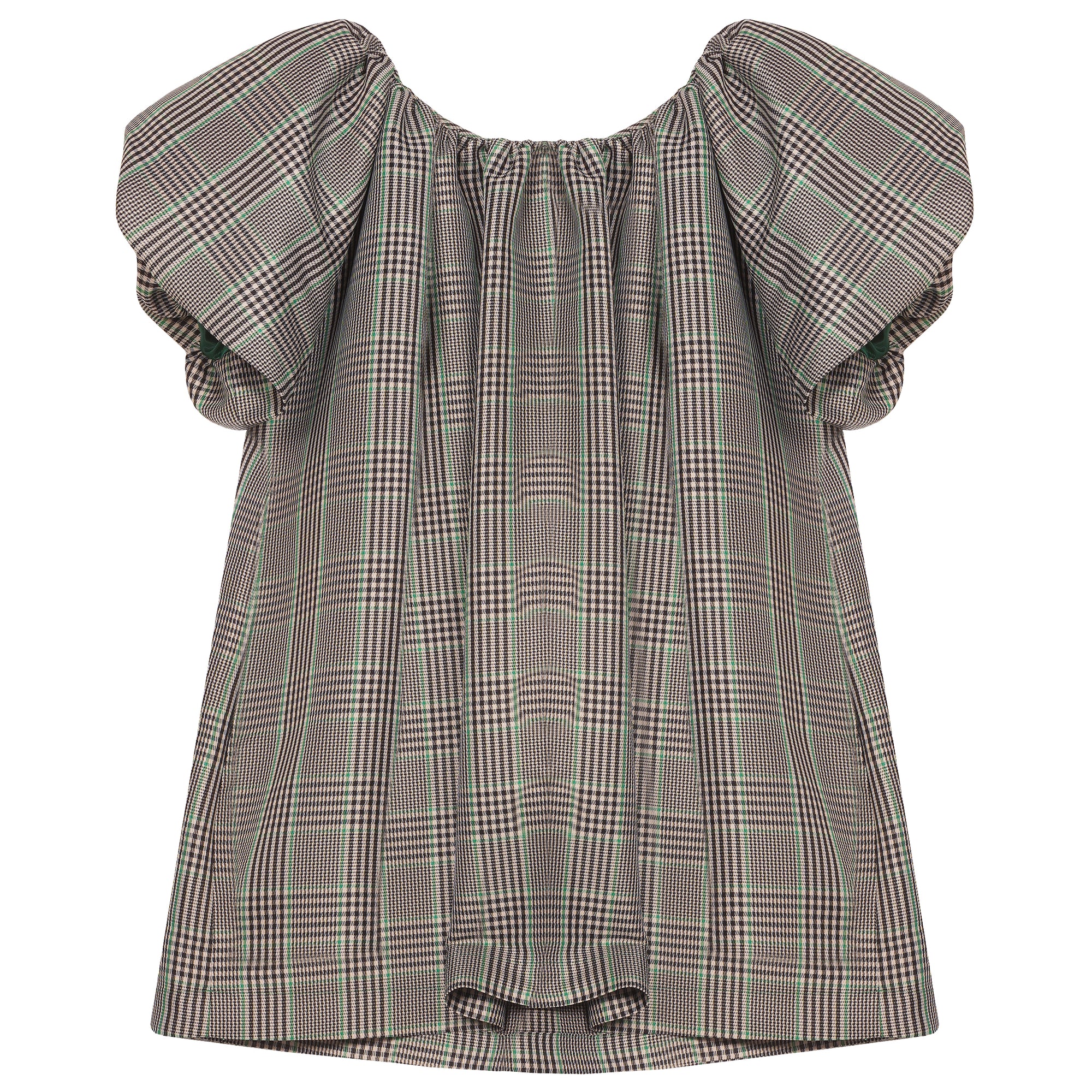 Green-Check Puff Sleeve Mini Dress
