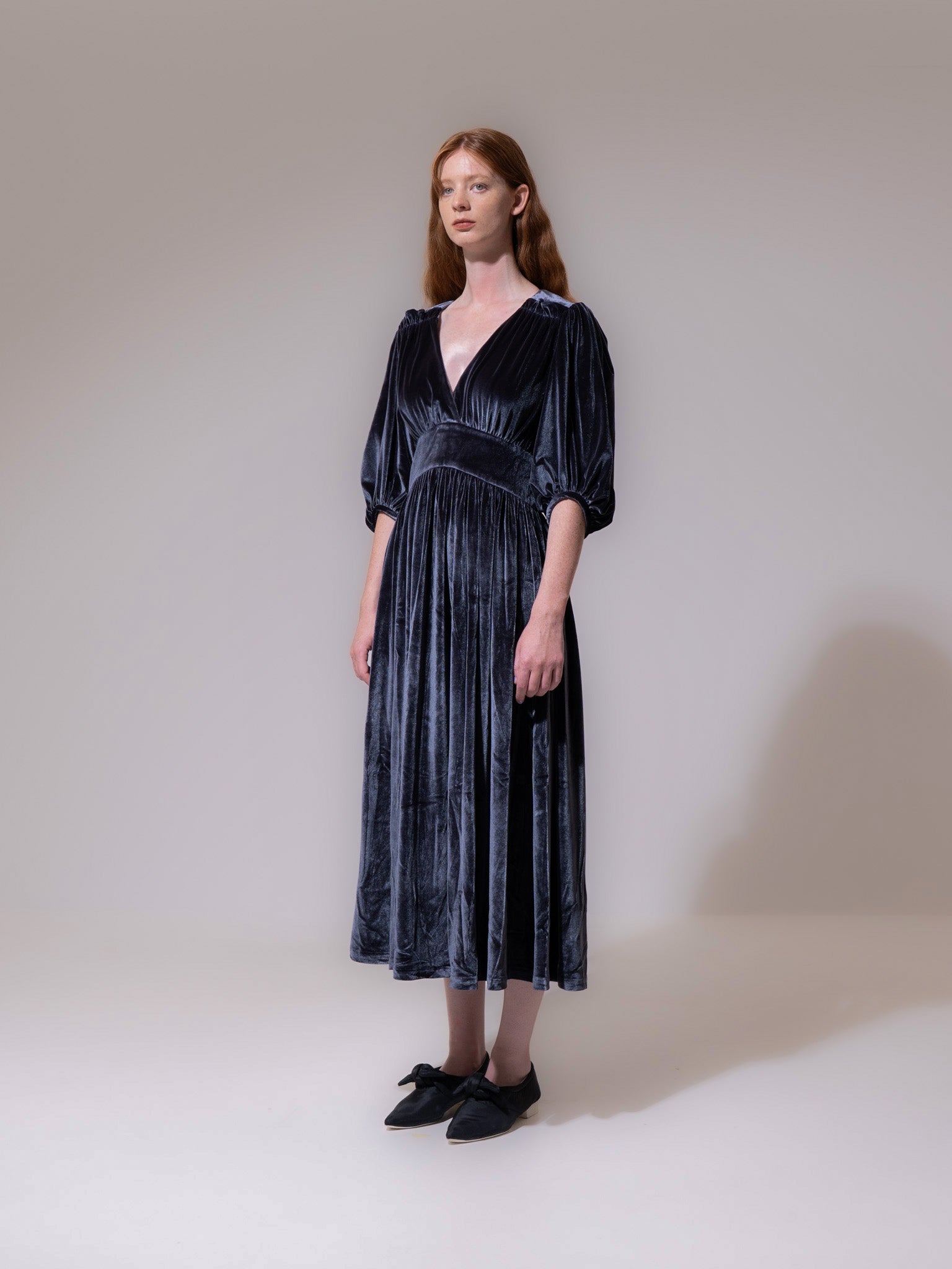 Charcoal Velvet V-Neck Cropped Sleeve Dress