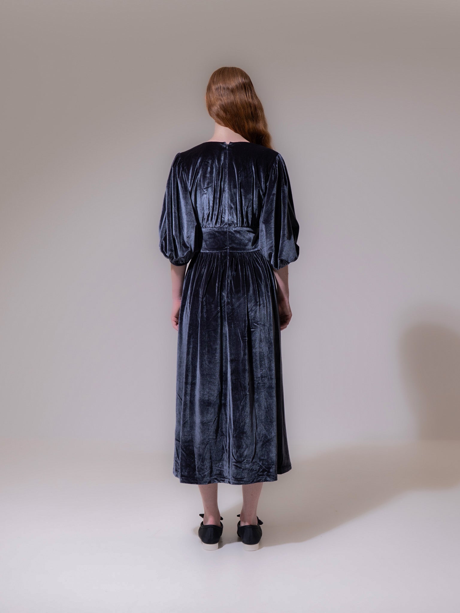 Charcoal Velvet V-Neck Cropped Sleeve Dress