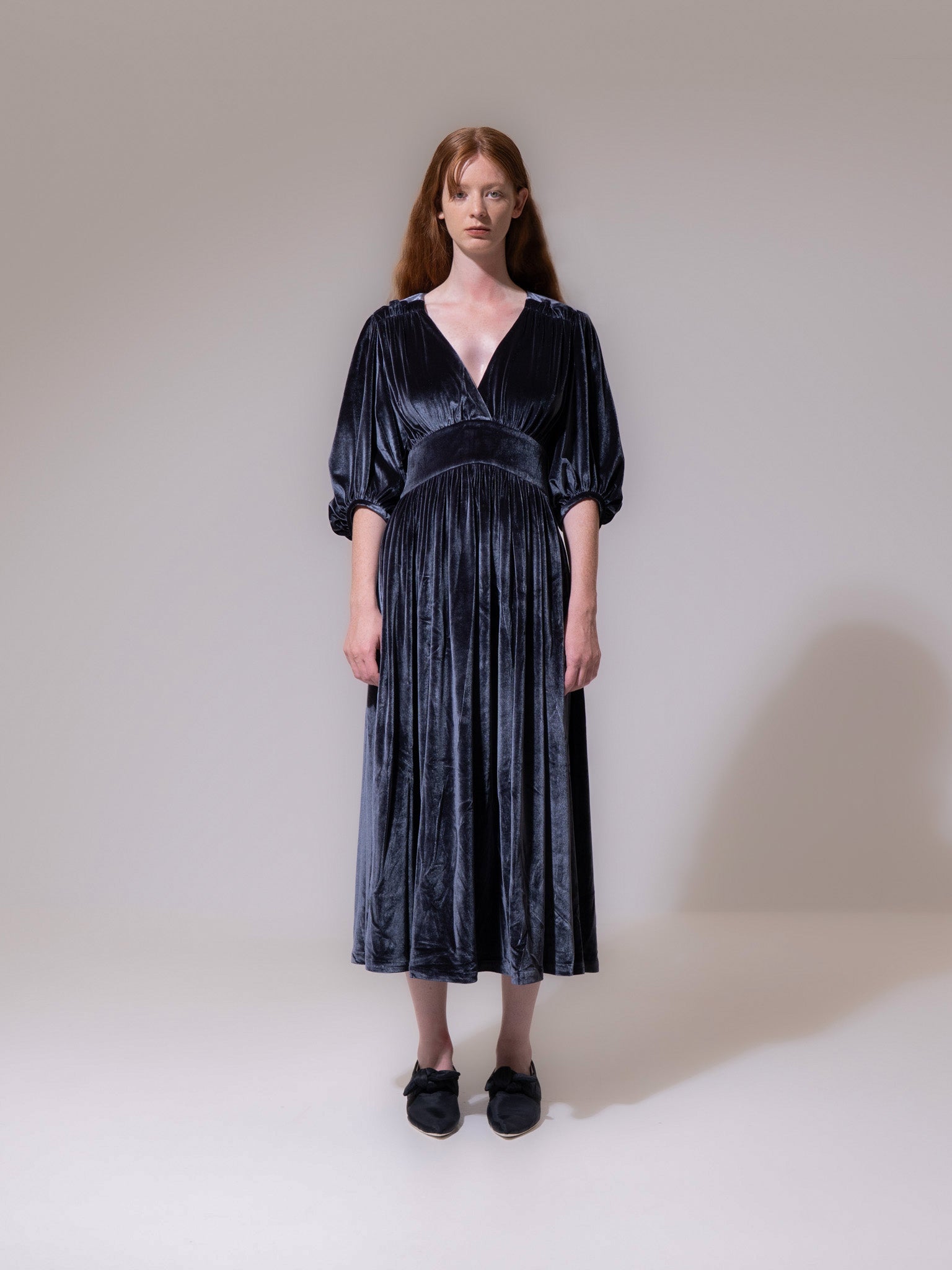 Charcoal Velvet V-Neck Cropped Sleeve Dress