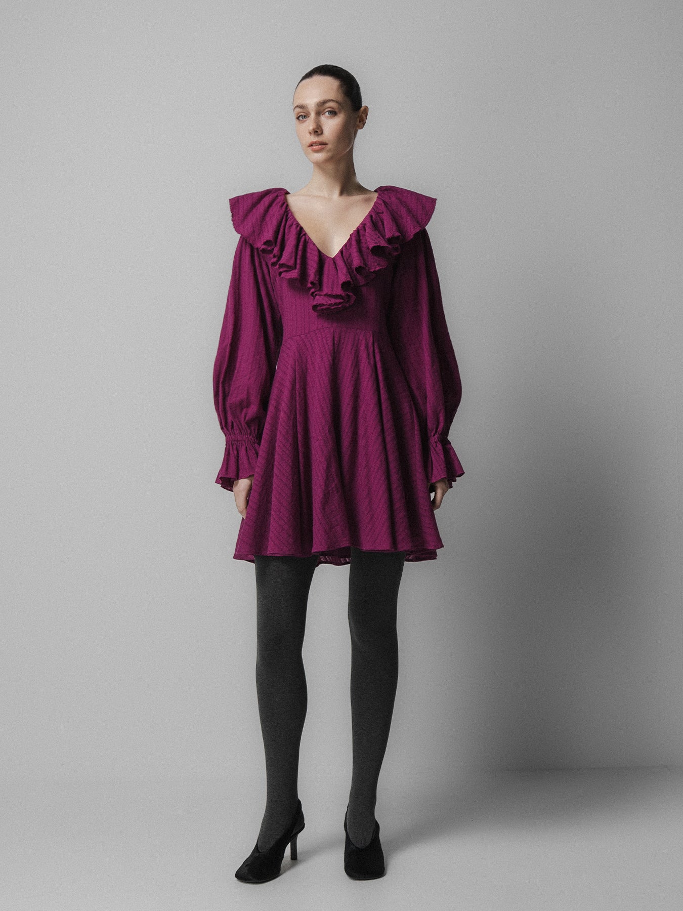 Magenta Ruffle Collar Mini Dress