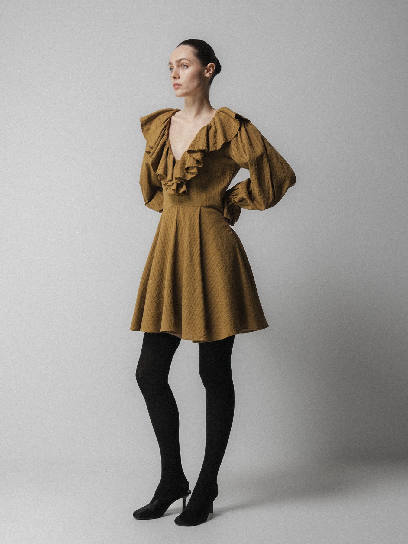 Olive Ruffle Collar Mini Dress