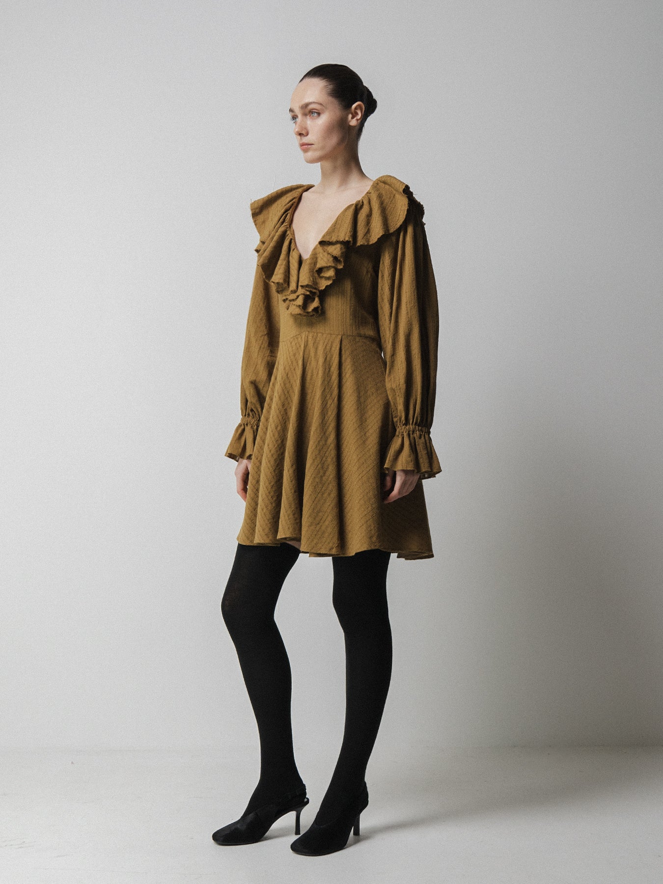 Olive Ruffle Collar Mini Dress