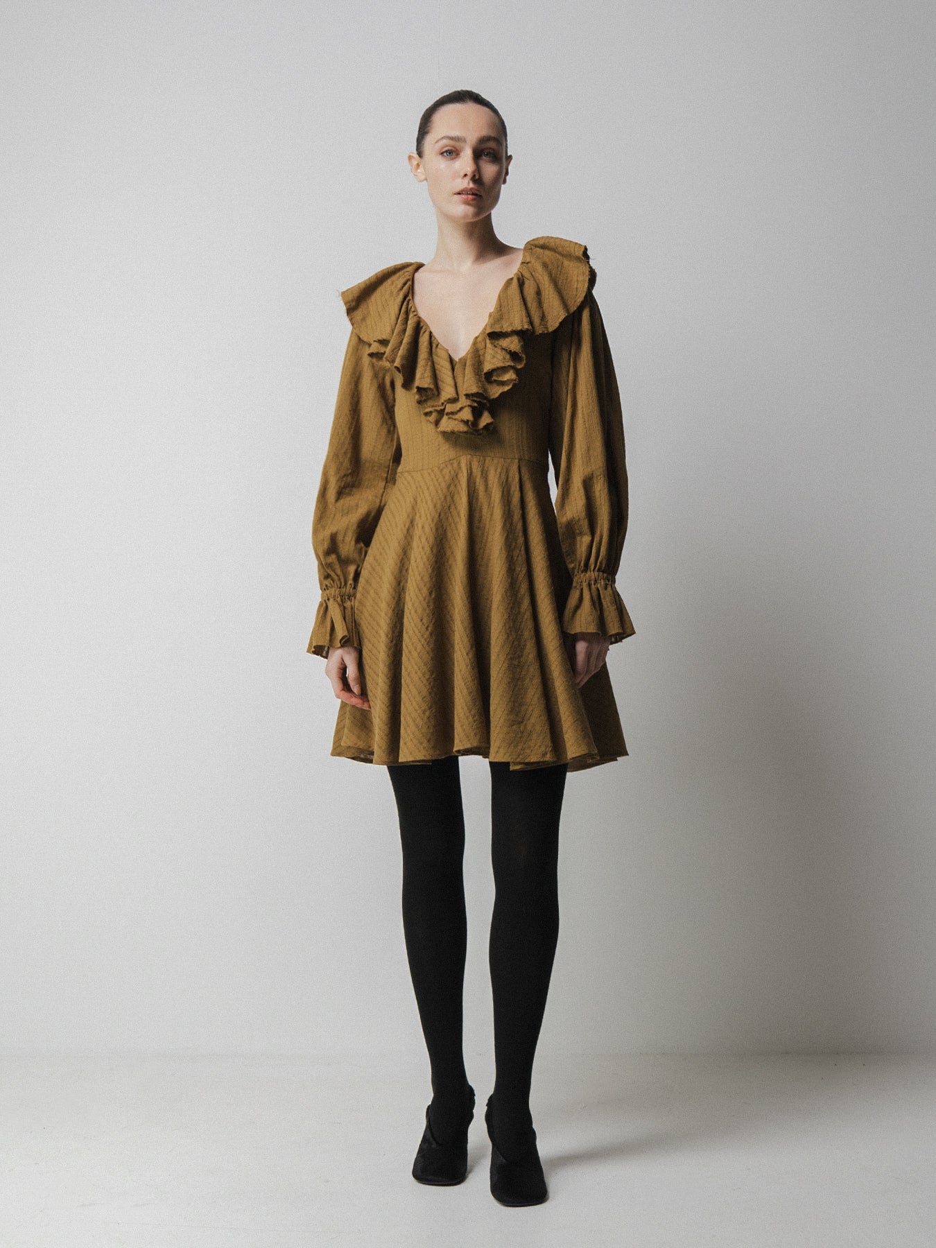 Olive Ruffle Collar Mini Dress