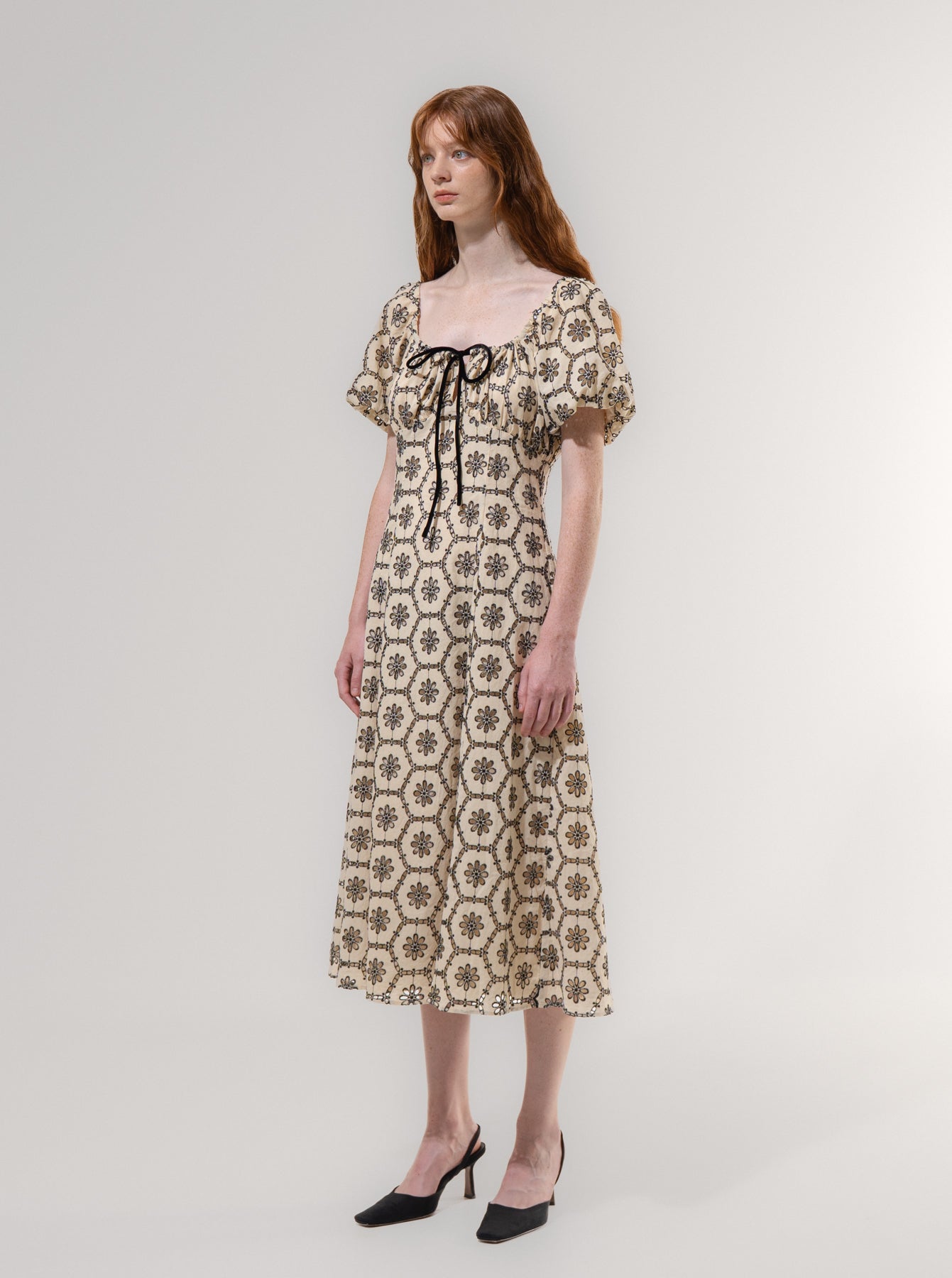 Beige Lace Shirred Puff Sleeve Dress EMIN + PAUL Beige Lace Shirred Puff Sleeve Dress EMIN + PAUL