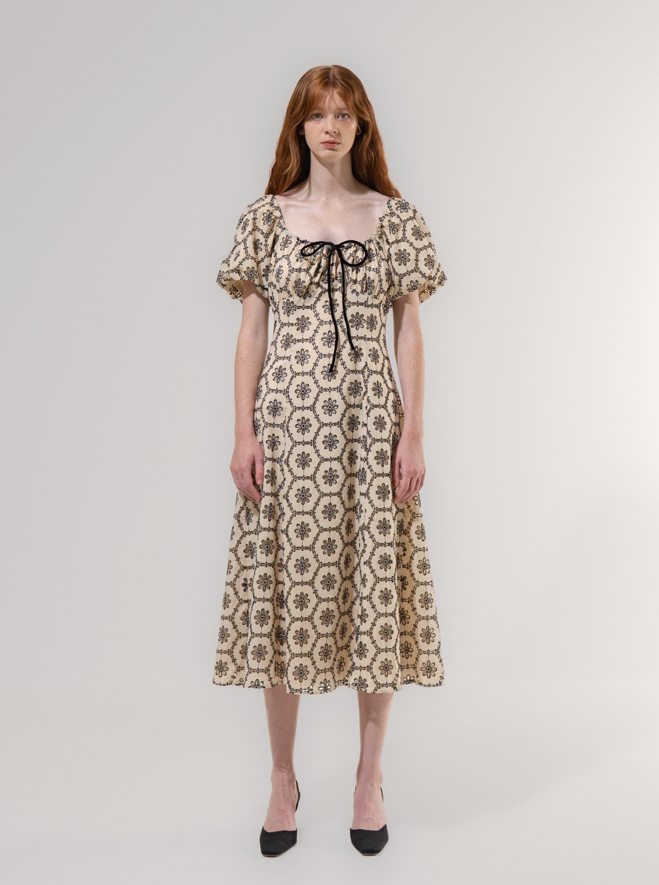 Beige Lace Shirred Puff Sleeve Dress EMIN + PAUL Beige Lace Shirred Puff Sleeve Dress EMIN + PAUL