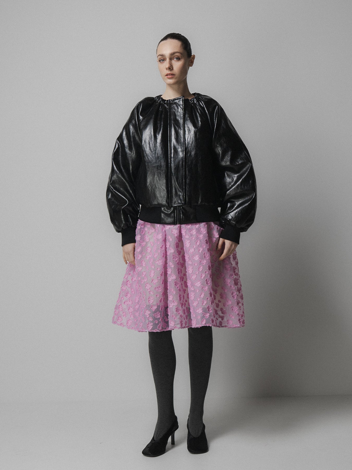 Black Ruched Collar Leather Jacket