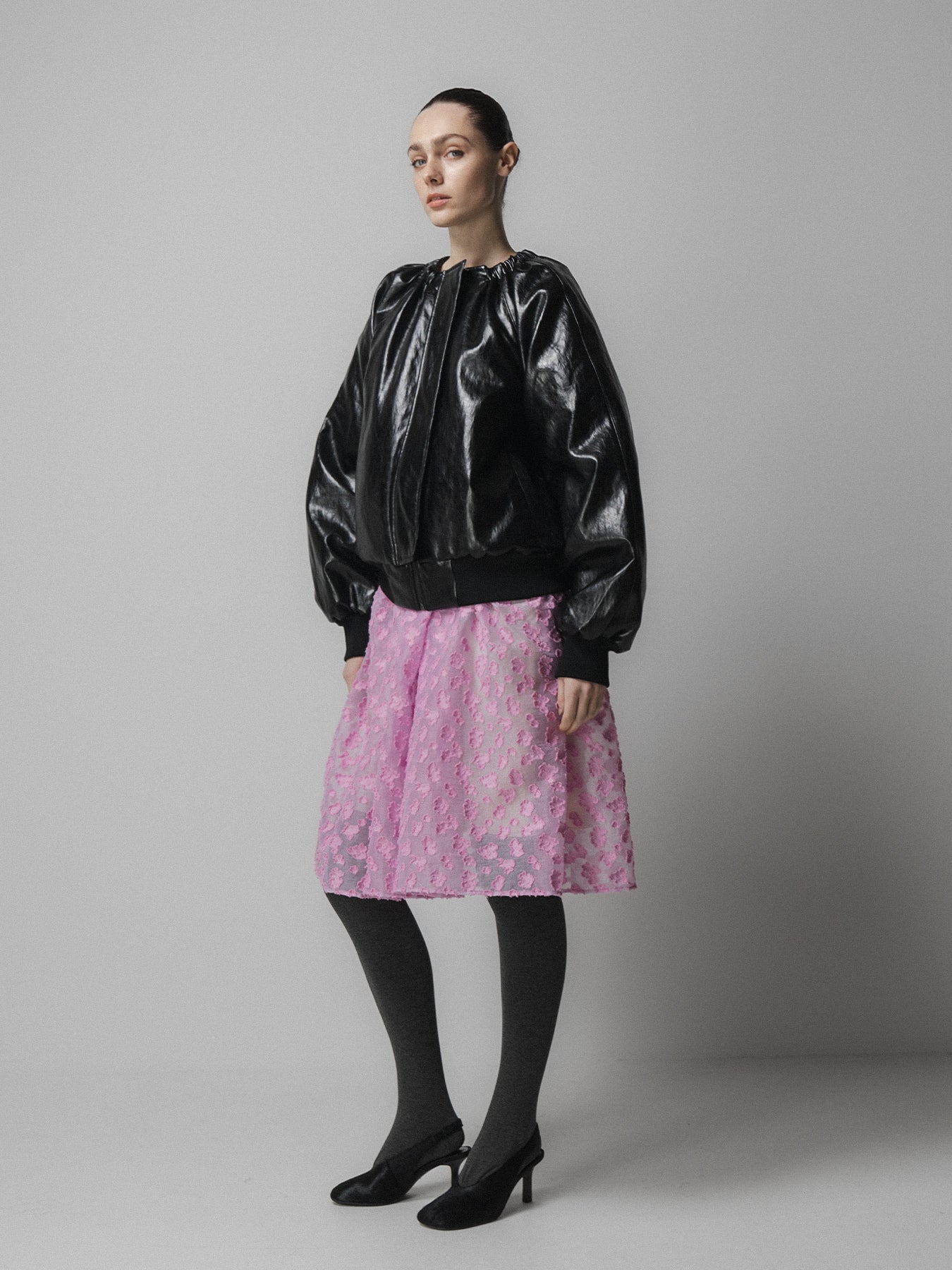 Black Ruched Collar Leather Jacket