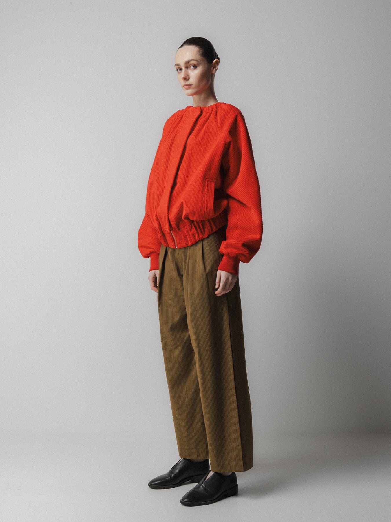 Red Ruched Collar Corduroy Jacket