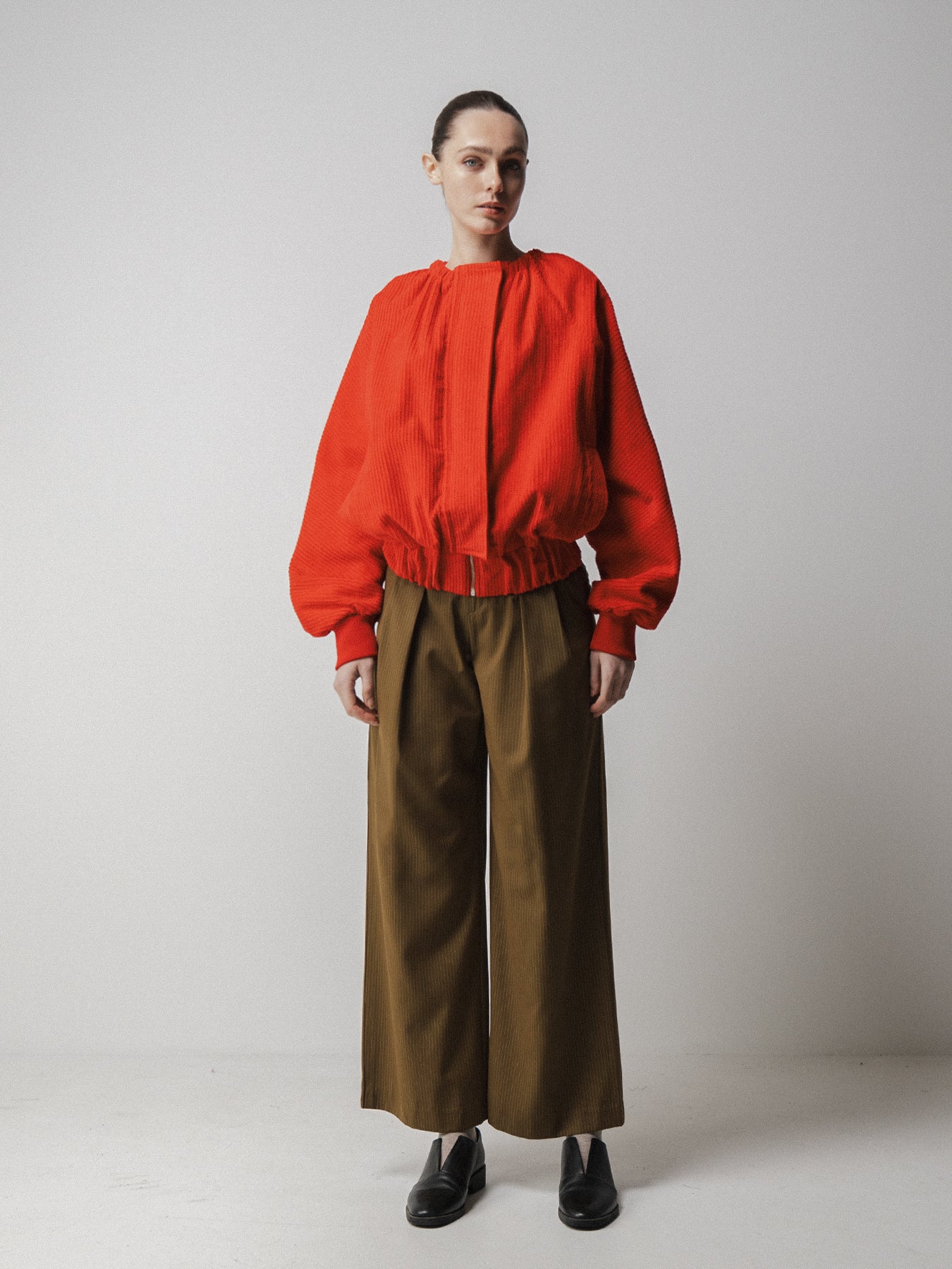 Red Ruched Collar Corduroy Jacket