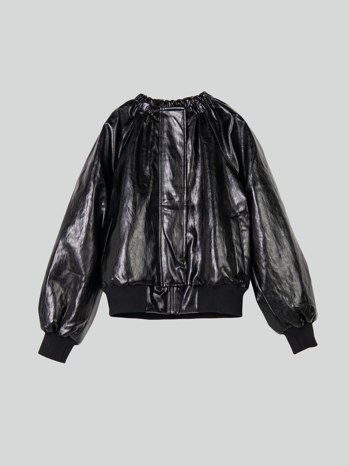 Black Ruched Collar Leather Jacket