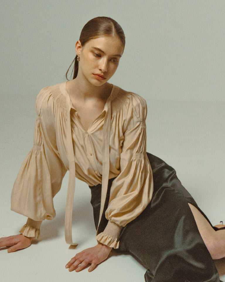 Sand Ruched Tie-Neck Blouse