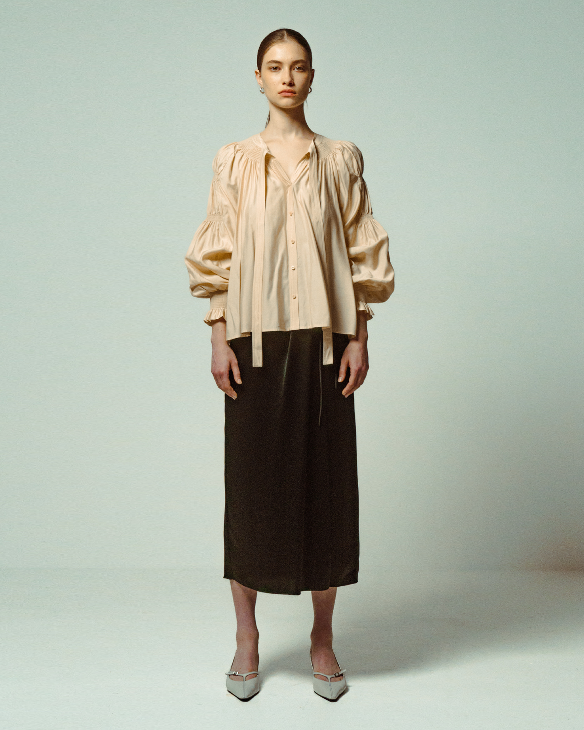 Sand Ruched Tie-Neck Blouse