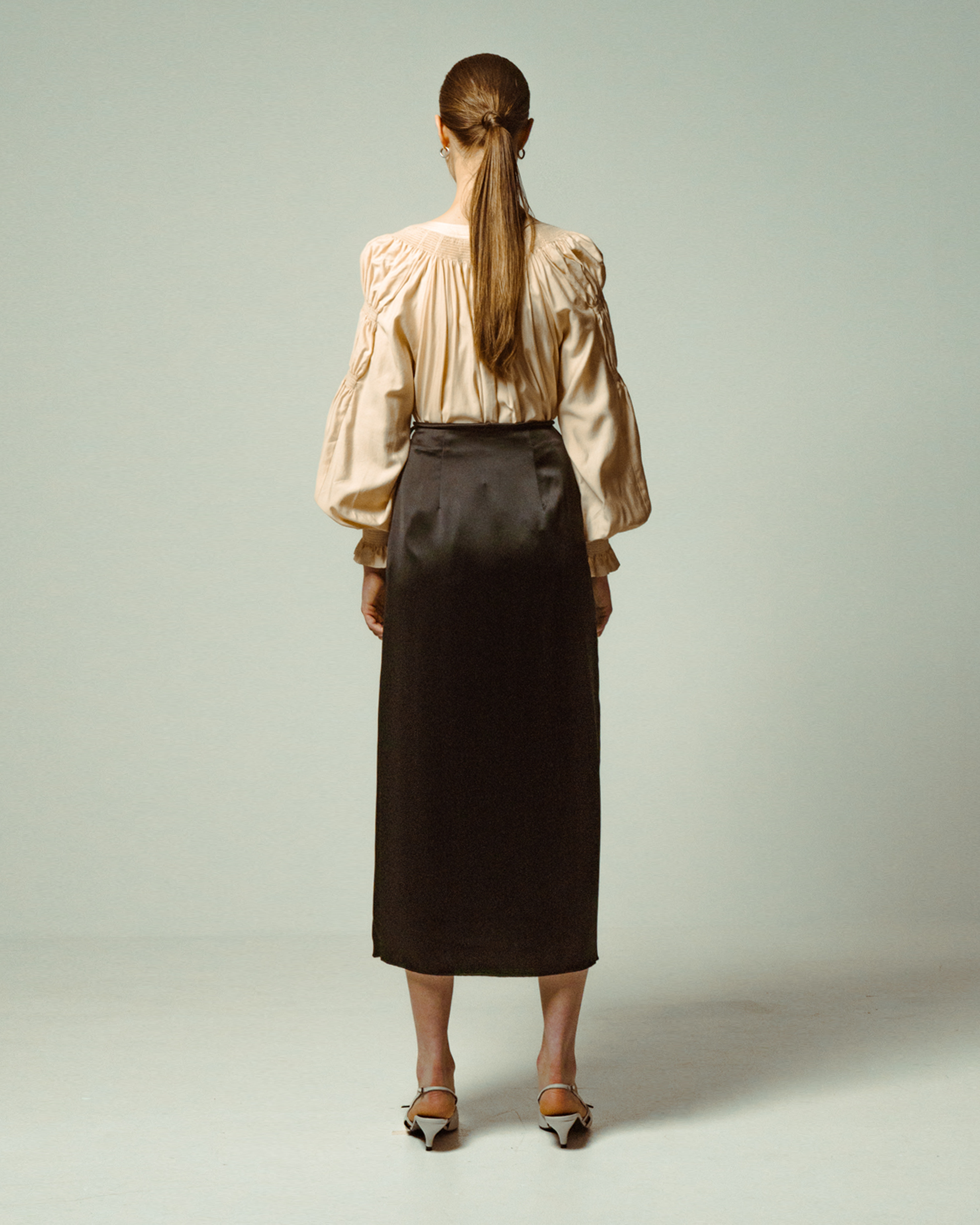 Sand Ruched Tie-Neck Blouse