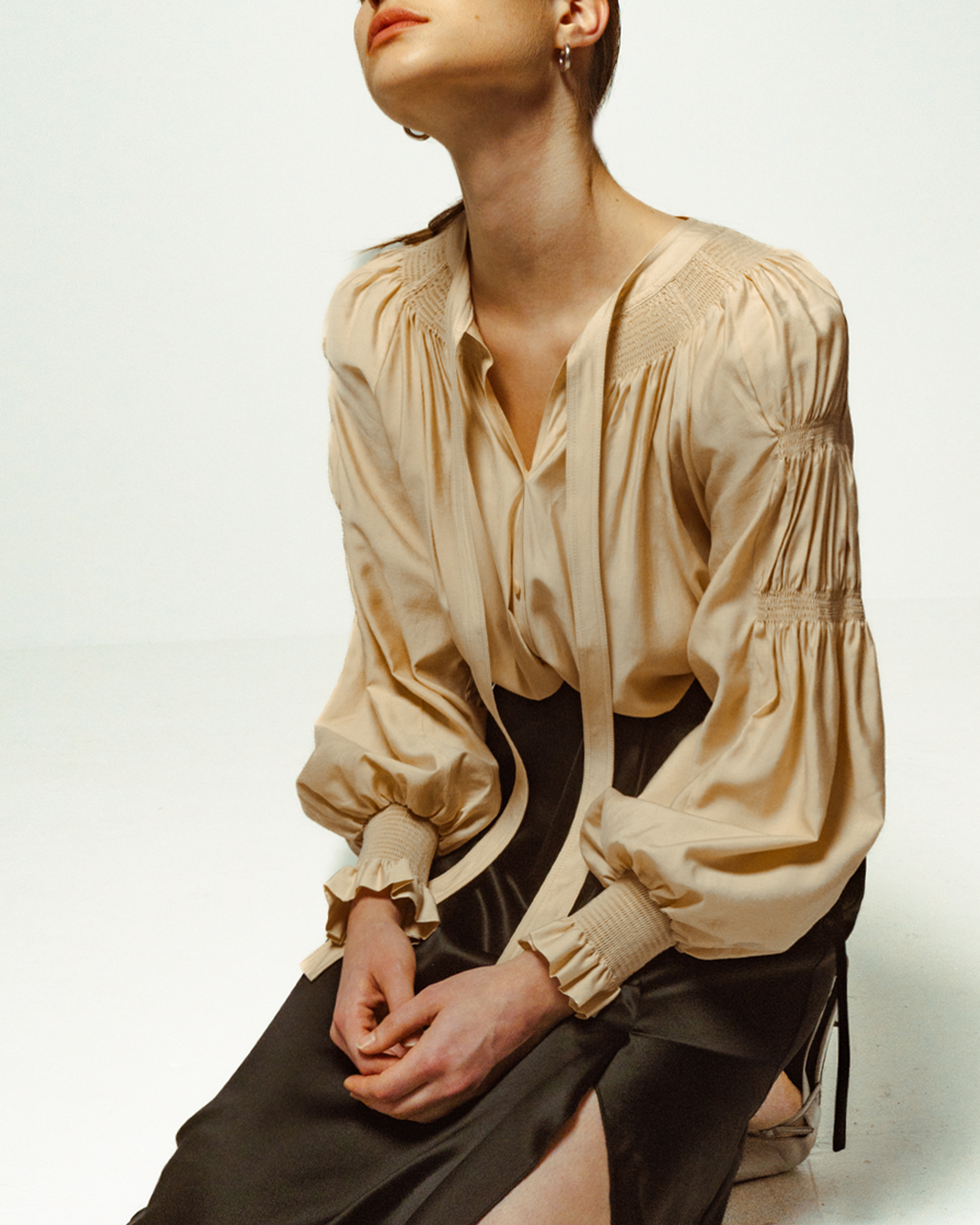 Sand Ruched Tie-Neck Blouse