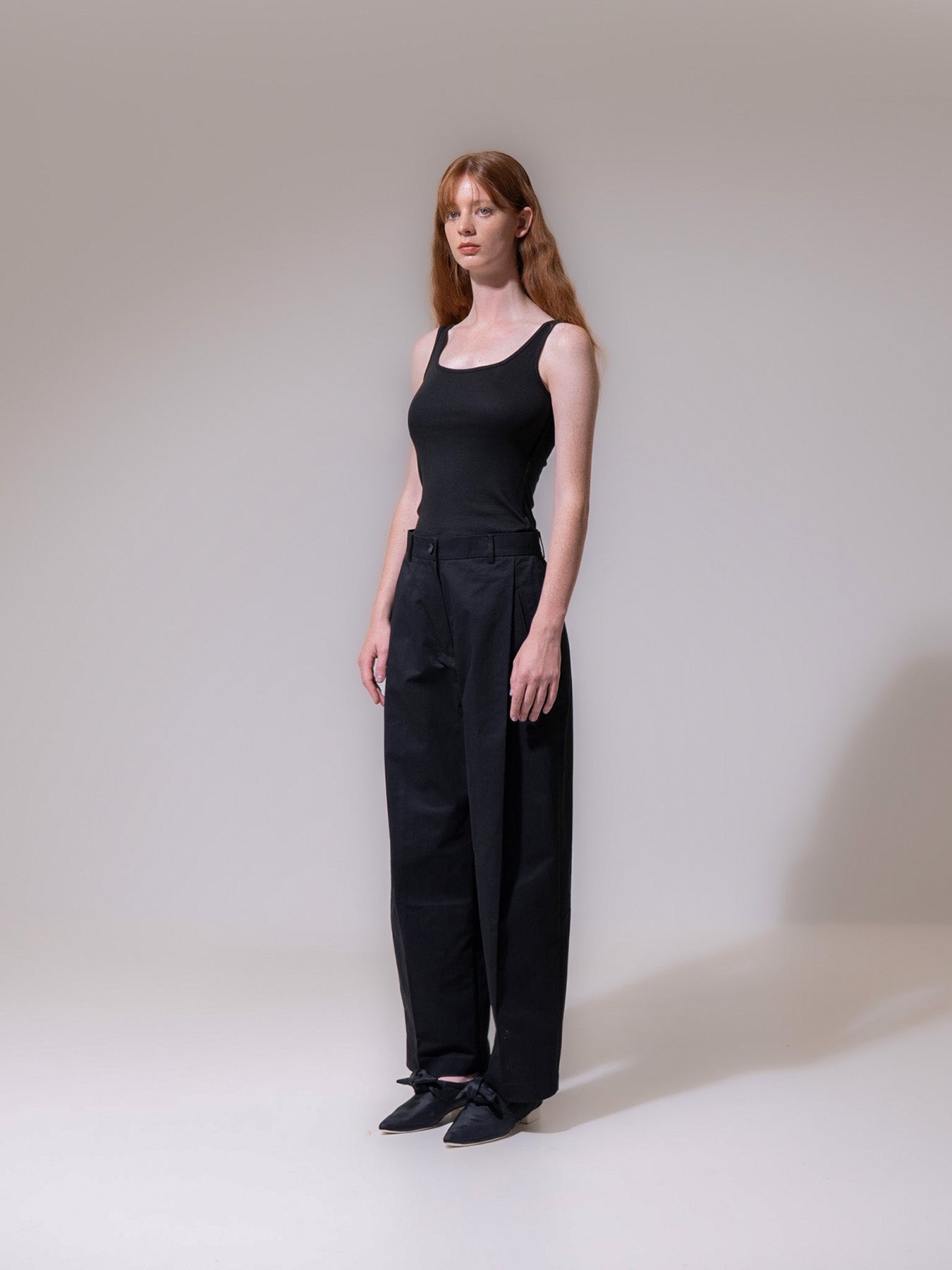 Black High-Waisted Pleated Cotton Trousers