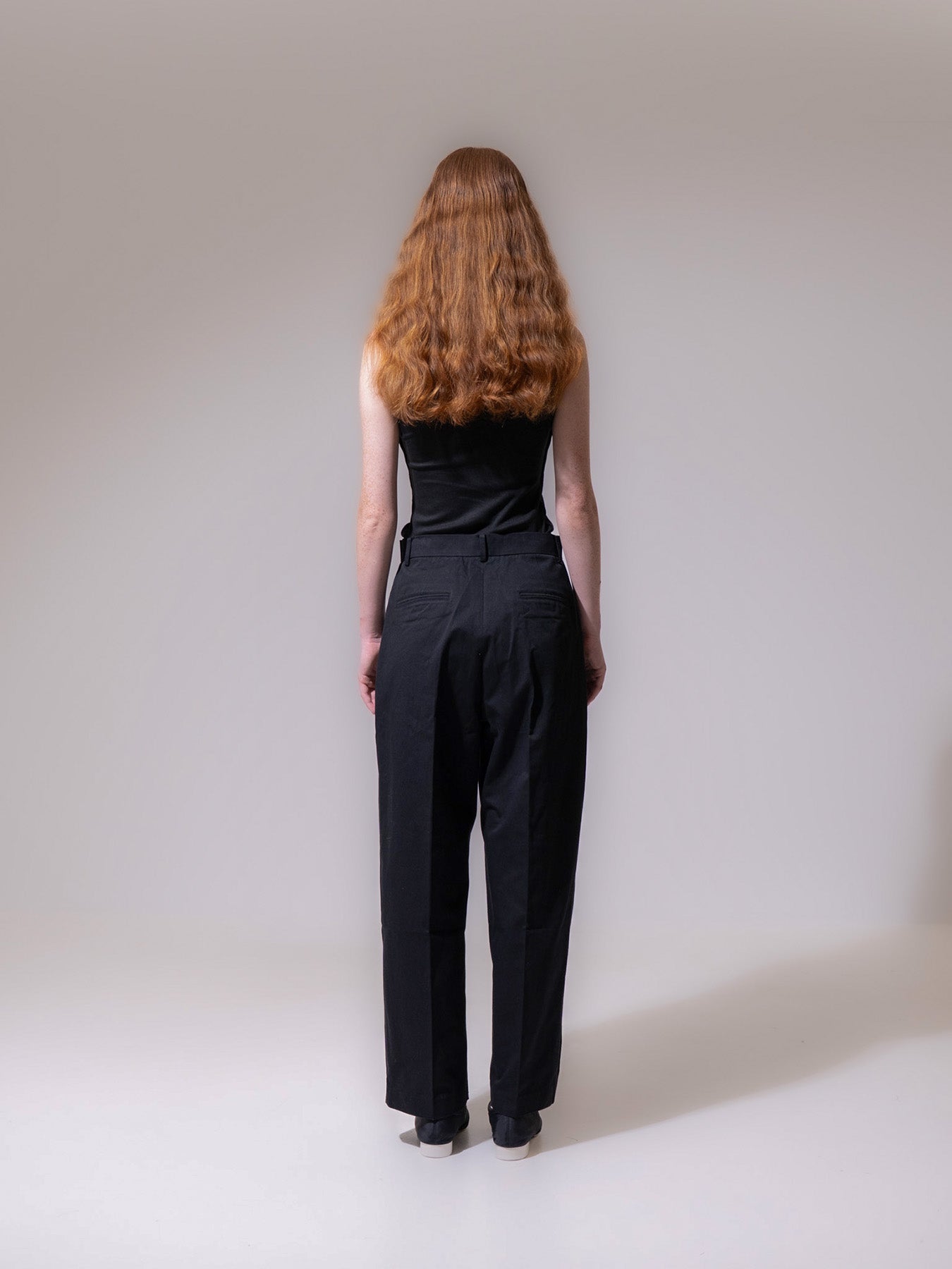 Black High-Waisted Pleated Cotton Trousers