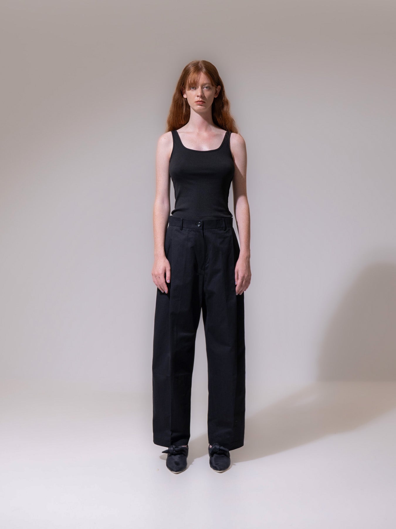 Black High-Waisted Pleated Cotton Trousers