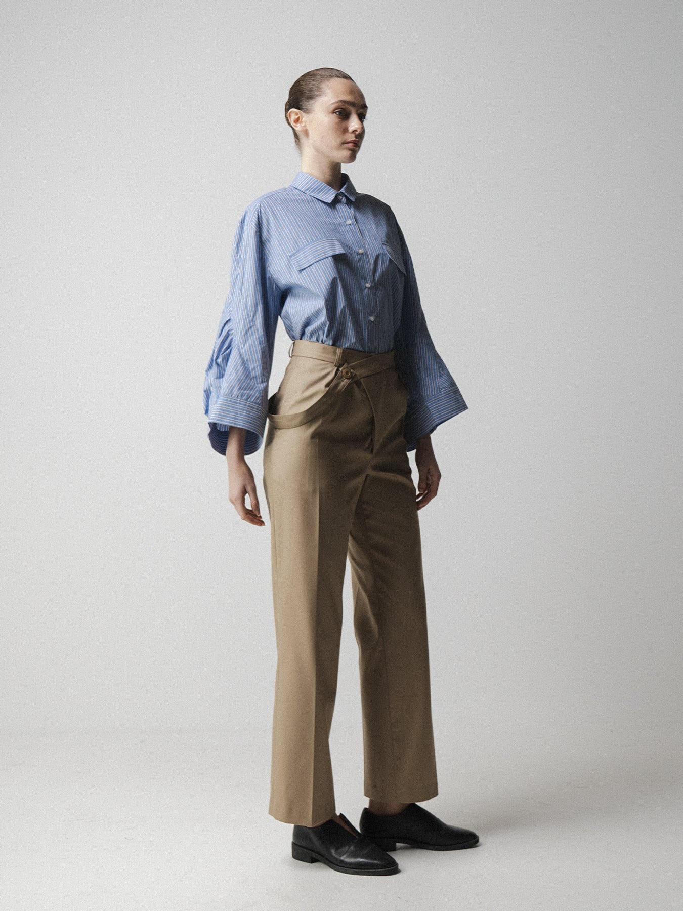 Beige Asymmetric Belted Trousers