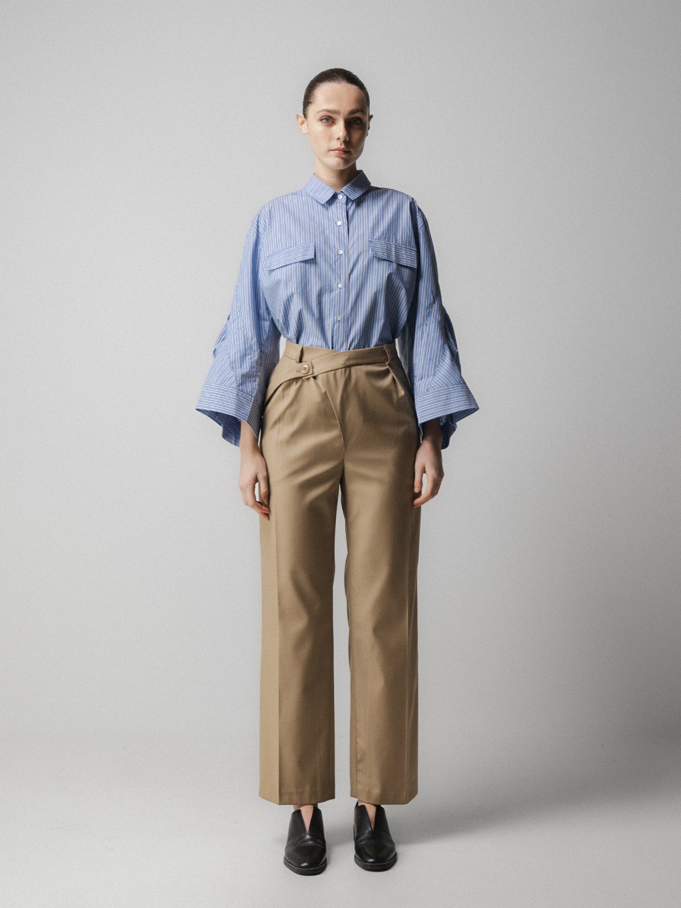 Beige Asymmetric Belted Trousers