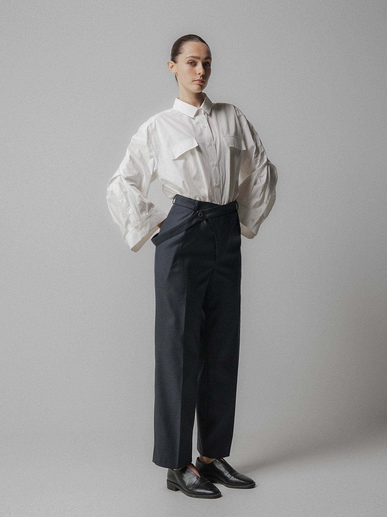 Charcoal Asymmetric Belted Trousers