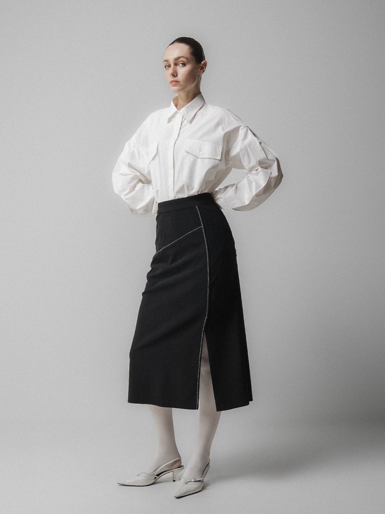 Black Contrast Stitch Side-Slit Skirt