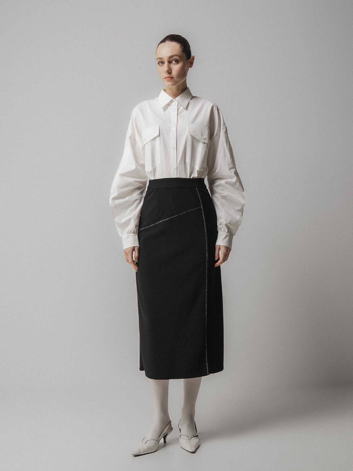 Black Contrast Stitch Side-Slit Skirt