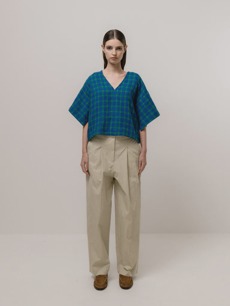 Blue-Check Boxy V-Neck Blouse
