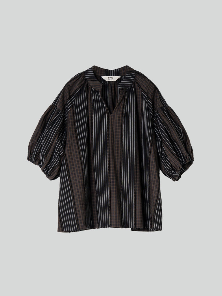 Brown-Check V-Neck Puff Sleeve Blouse