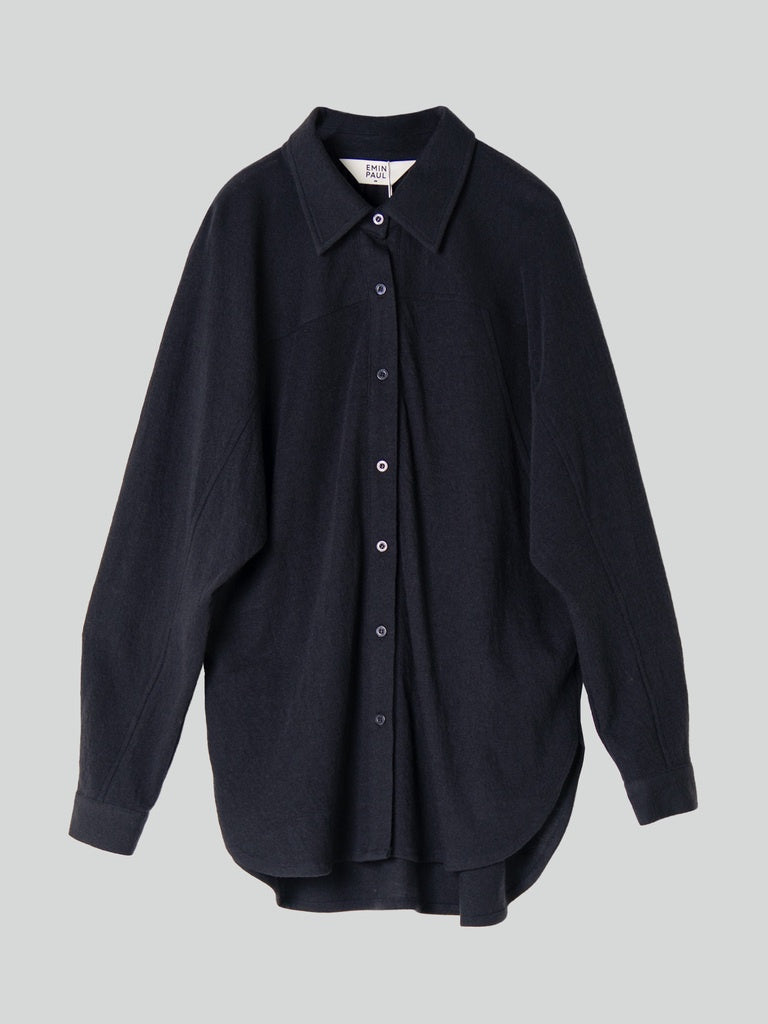 Navy Curved Sleeve Wool Blouse