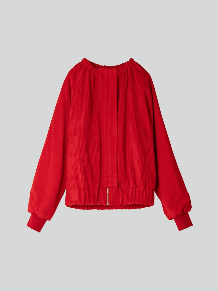Red Ruched Collar Corduroy Jacket