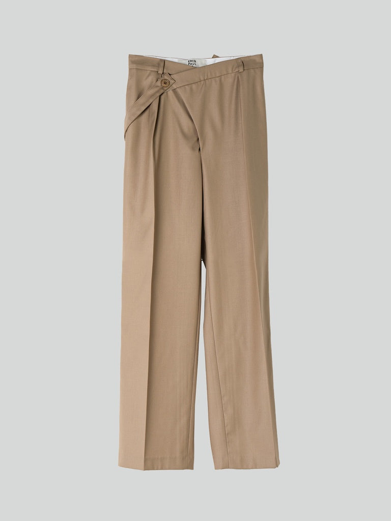 Beige Asymmetric Belted Trousers