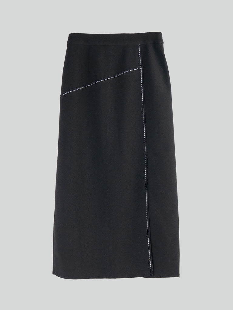 Black Contrast Stitch Side-Slit Skirt