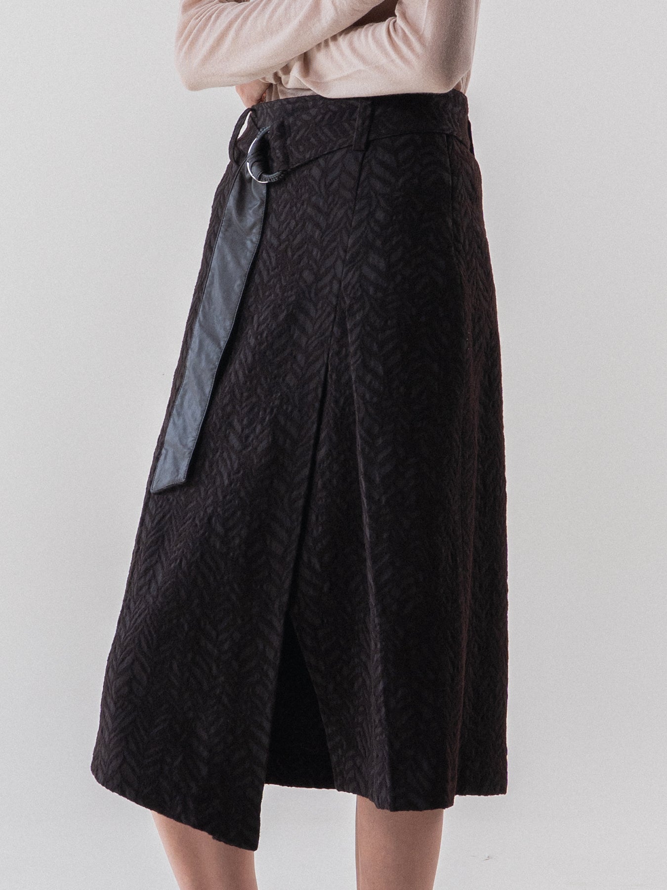 Brown Wool Blend Jacquard Belted Skirt