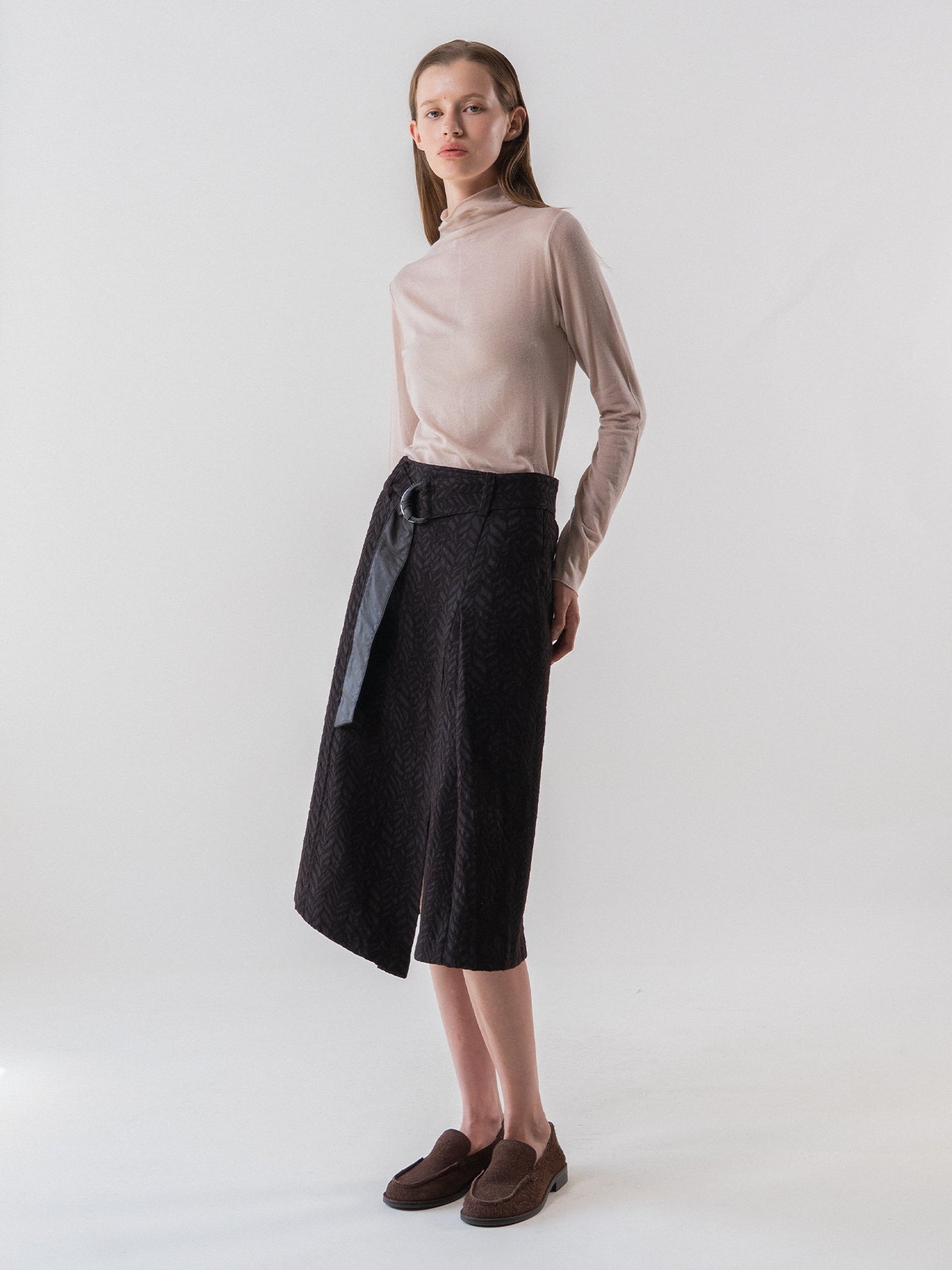 Brown Wool Blend Jacquard Belted Skirt