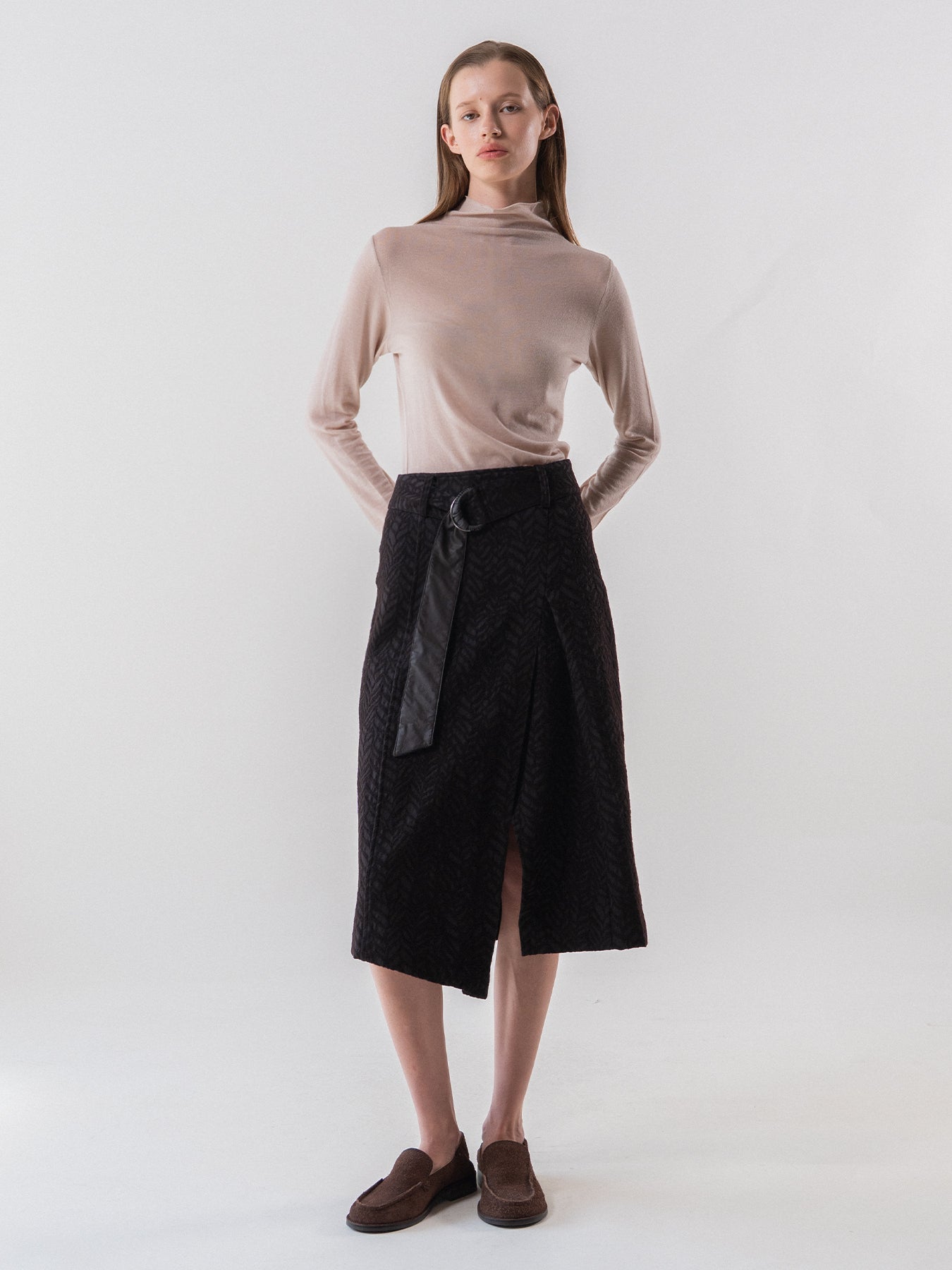 Brown Wool Blend Jacquard Belted Skirt