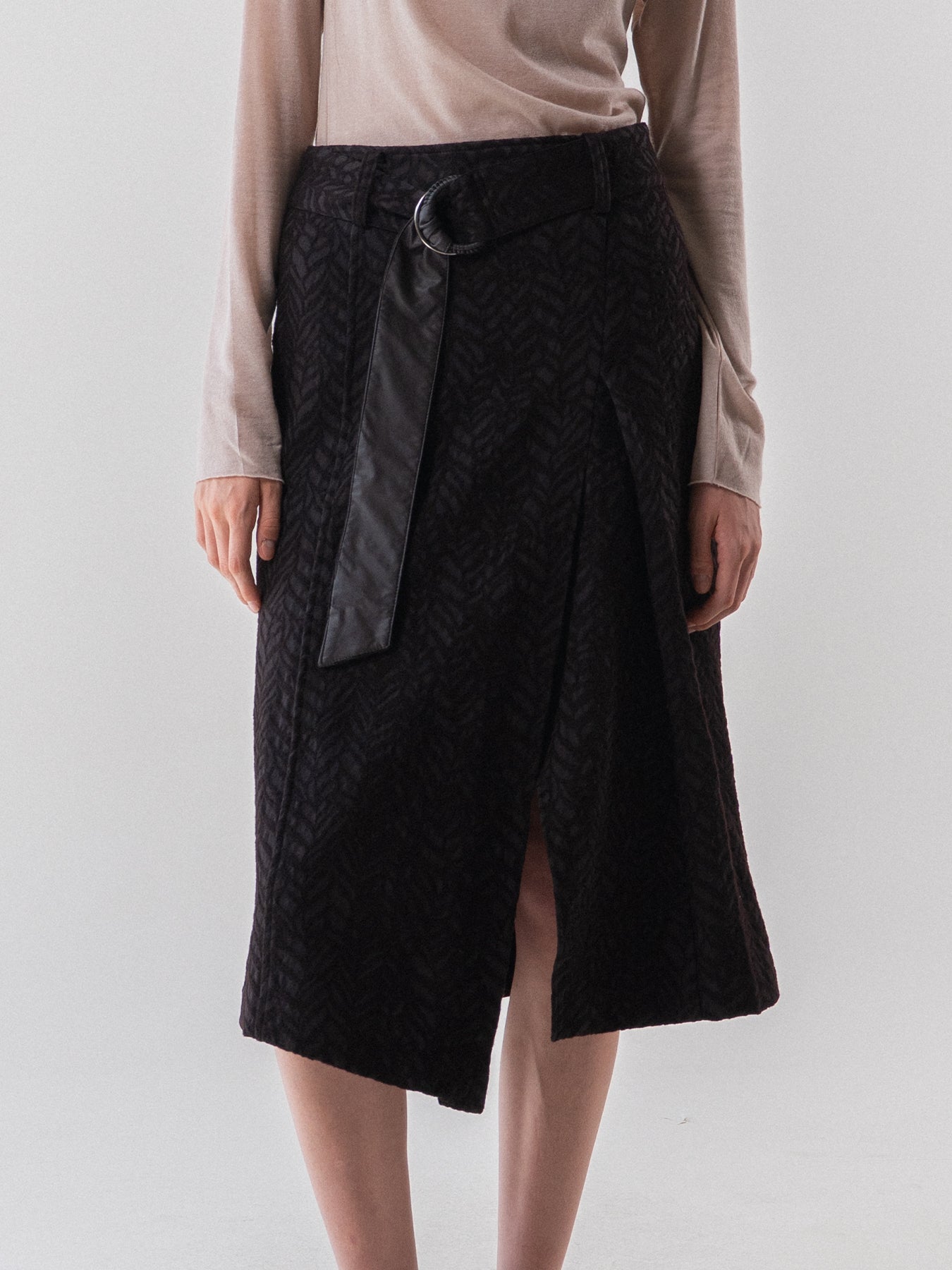 Brown Wool Blend Jacquard Belted Skirt