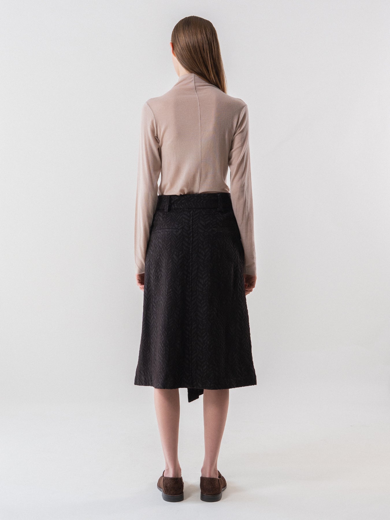 Brown Wool Blend Jacquard Belted Skirt