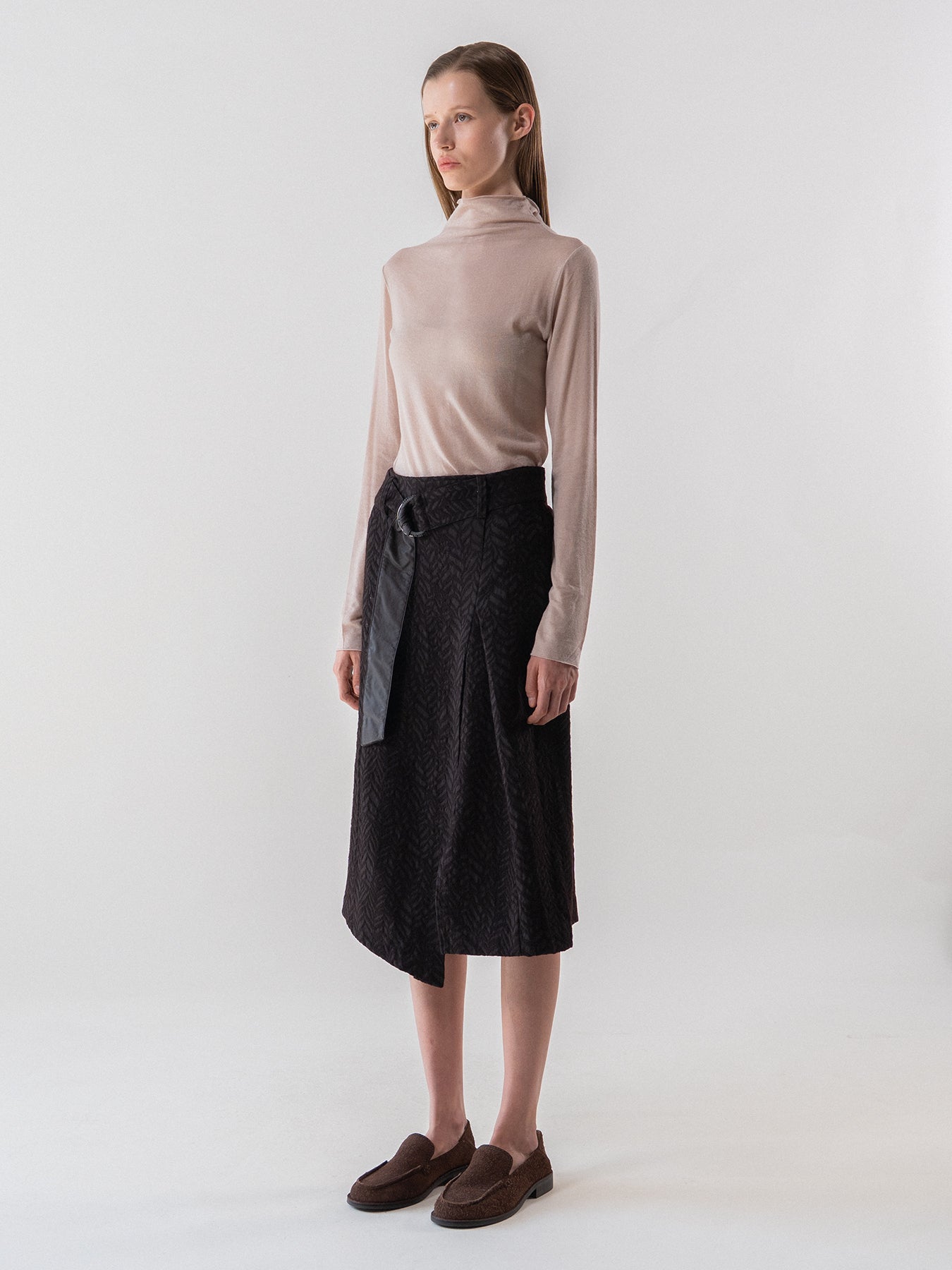 Brown Wool Blend Jacquard Belted Skirt