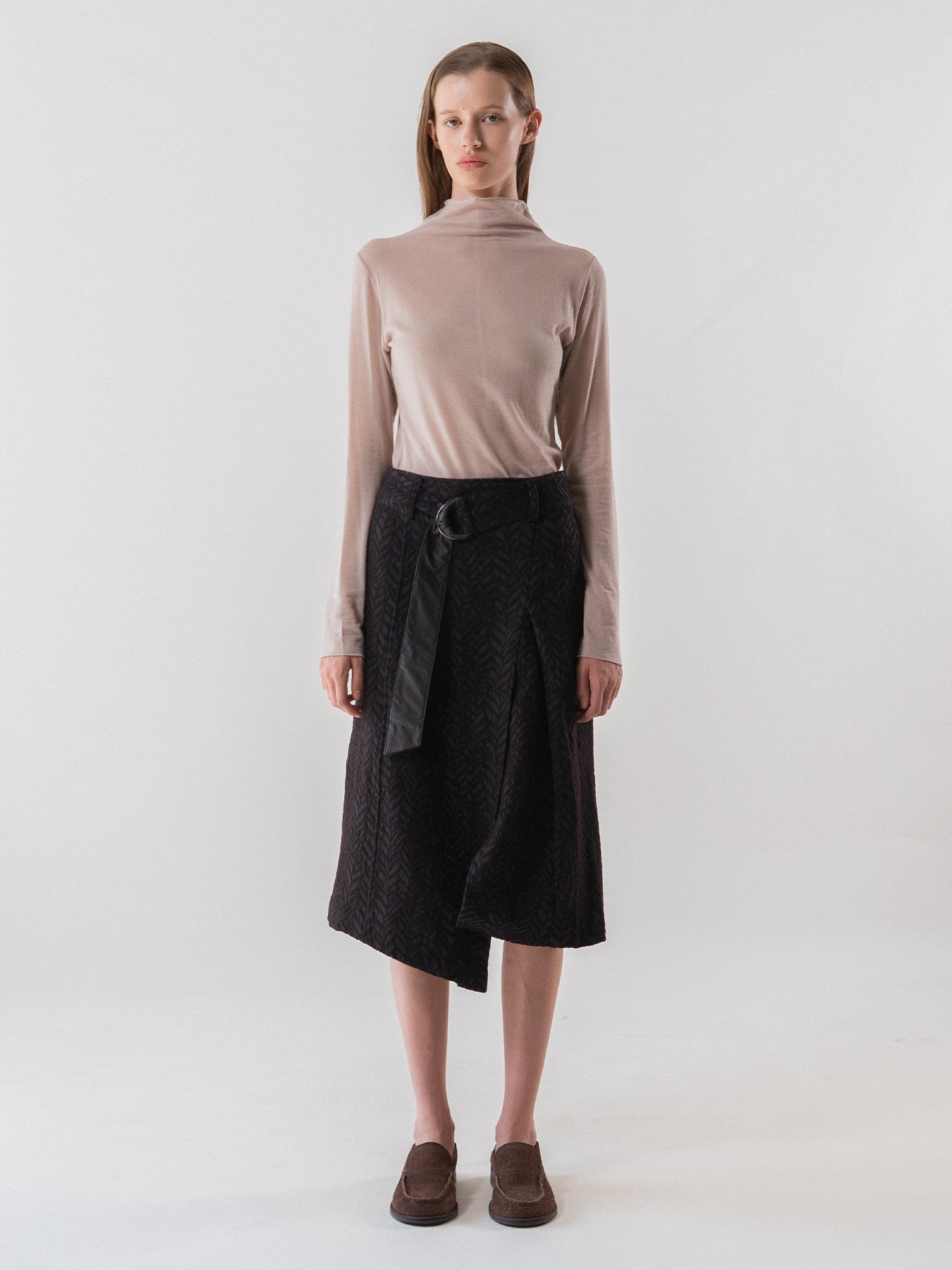 Brown Wool Blend Jacquard Belted Skirt