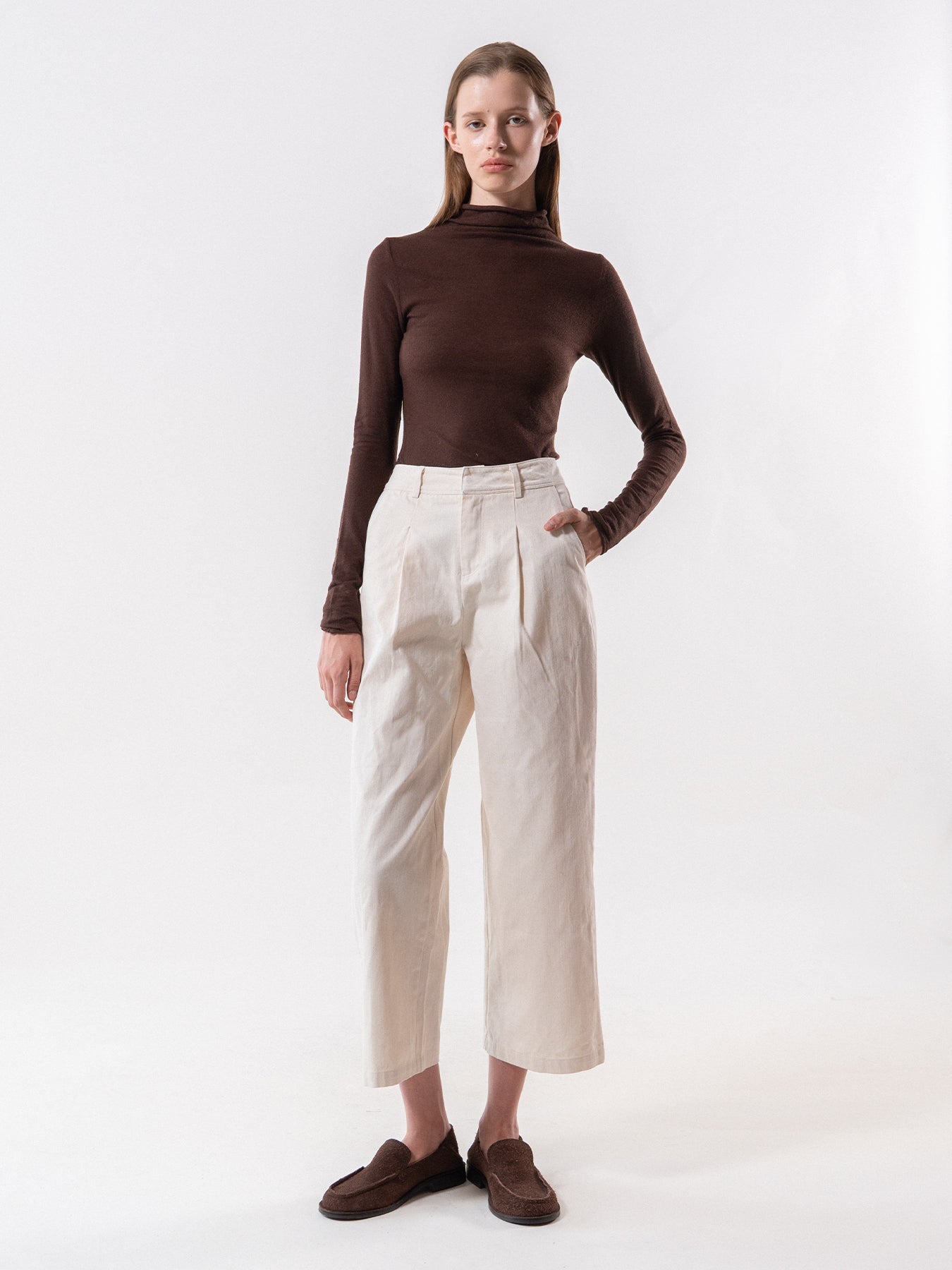 Cream Straight-Leg Pleated Trousers
