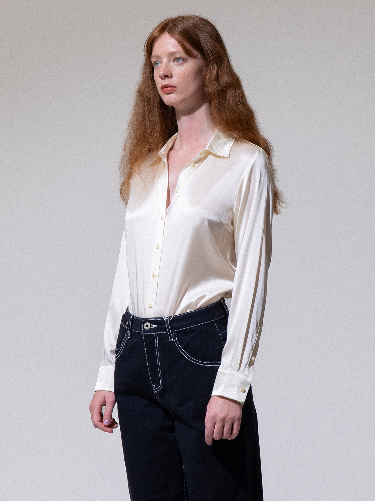 Cream Silk Button-Up Shirt