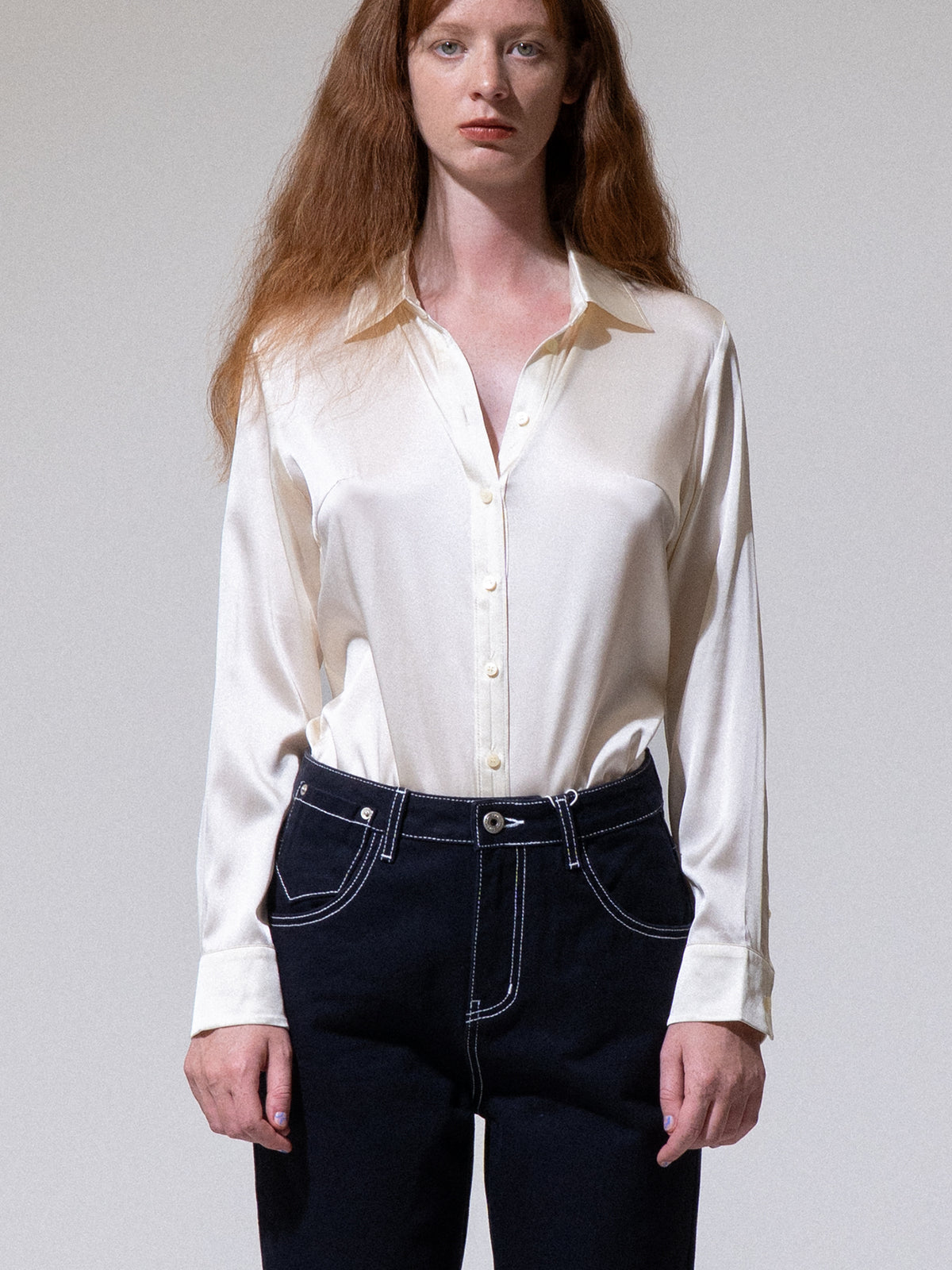 Cream Silk Button-Up Shirt