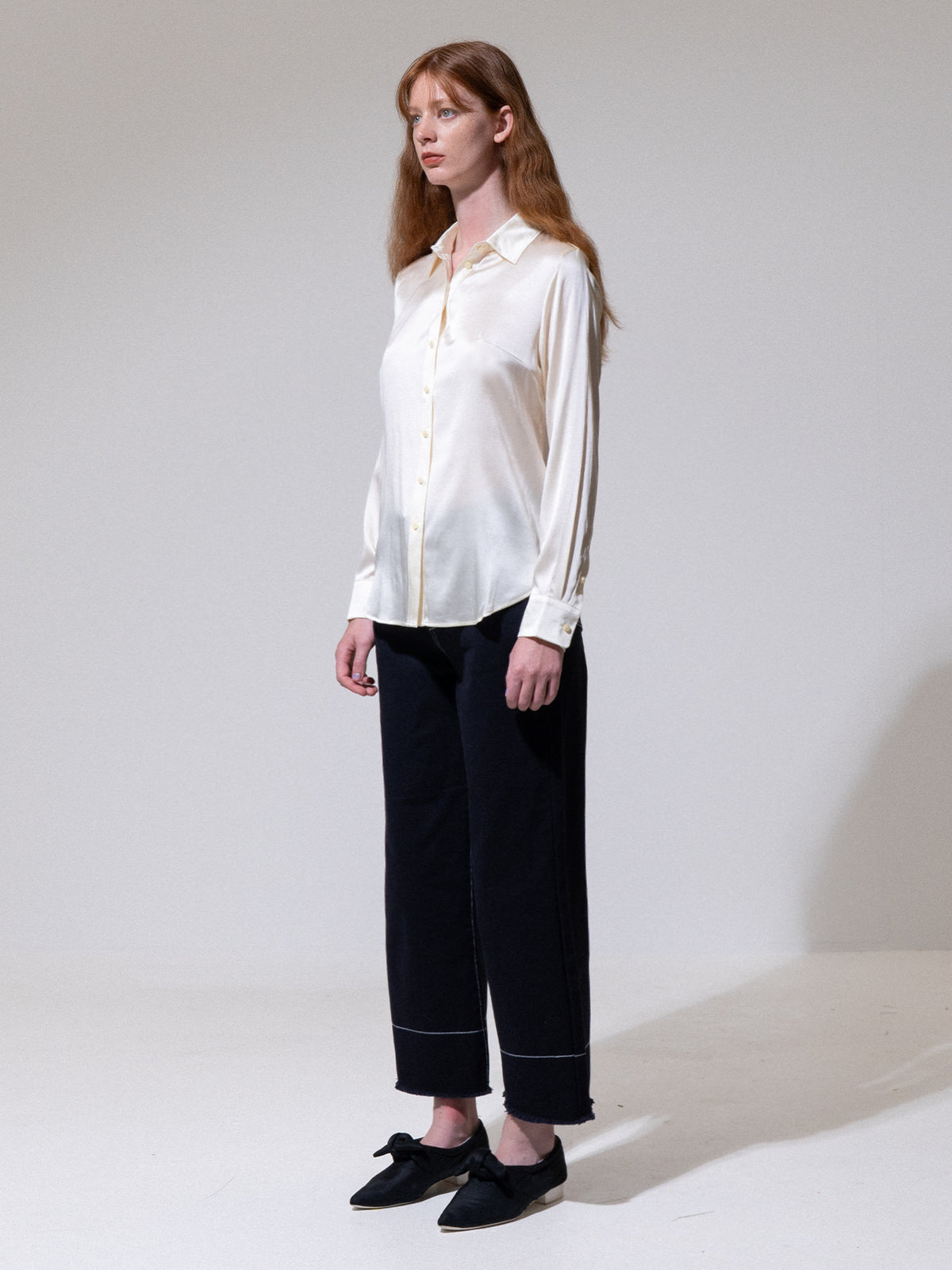 Cream Silk Button-Up Shirt
