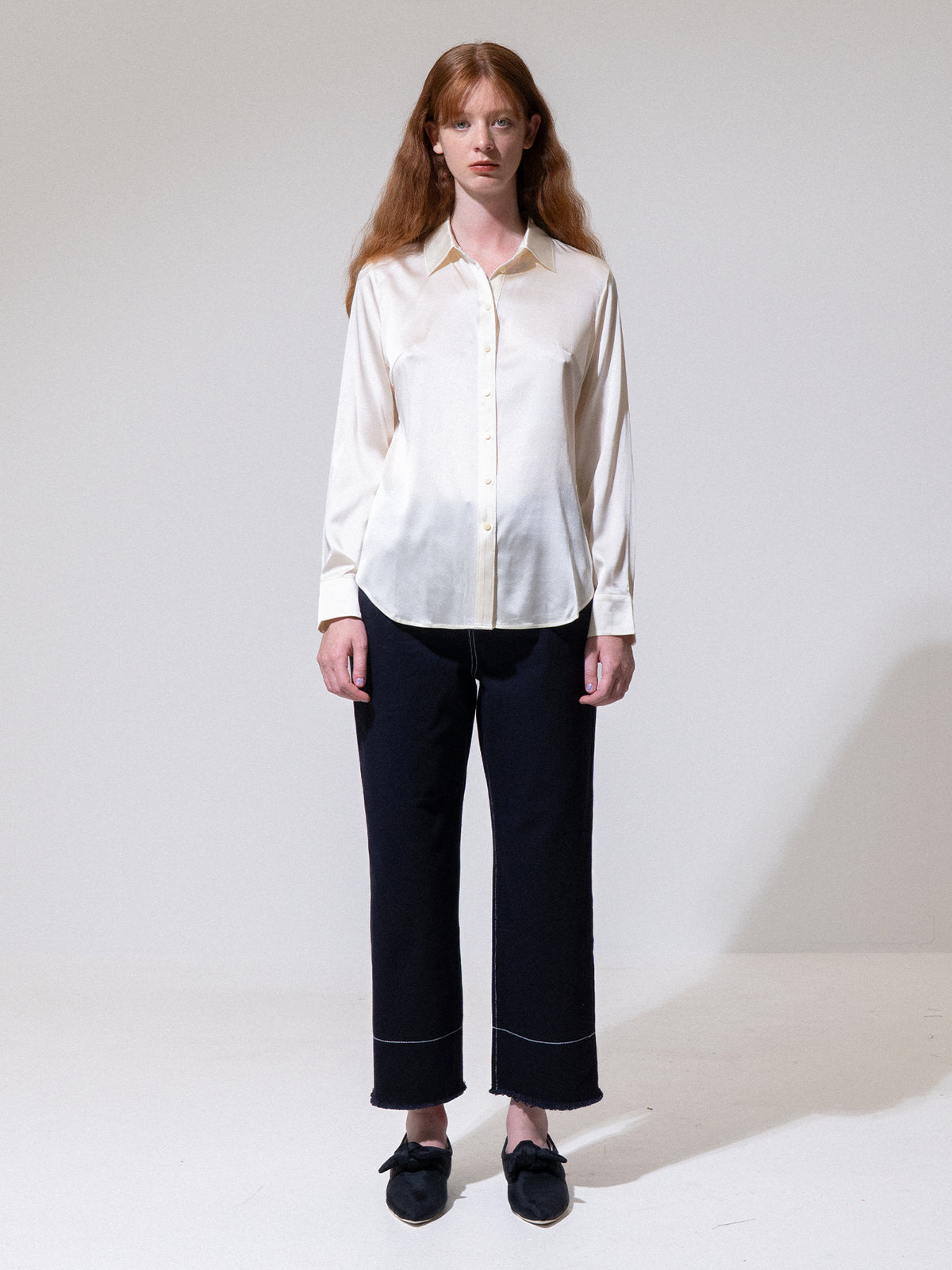 Cream Silk Button-Up Shirt