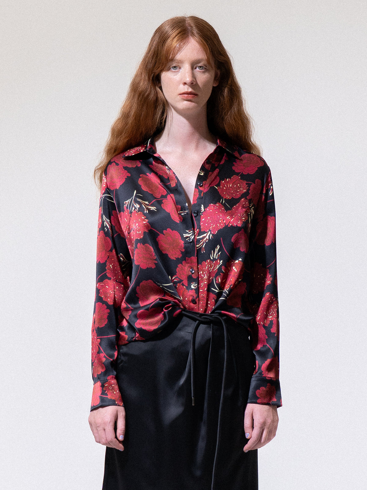 Red Floral Silk Button-Up Shirt