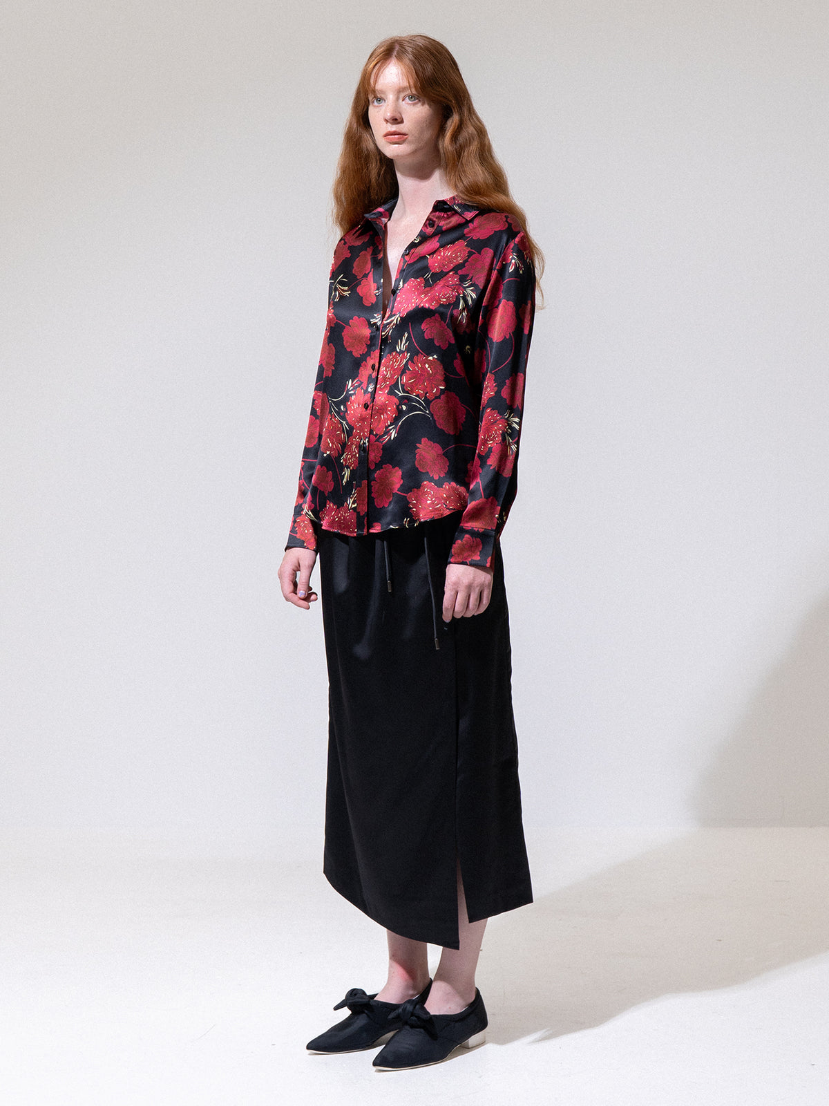 Red Floral Silk Button-Up Shirt