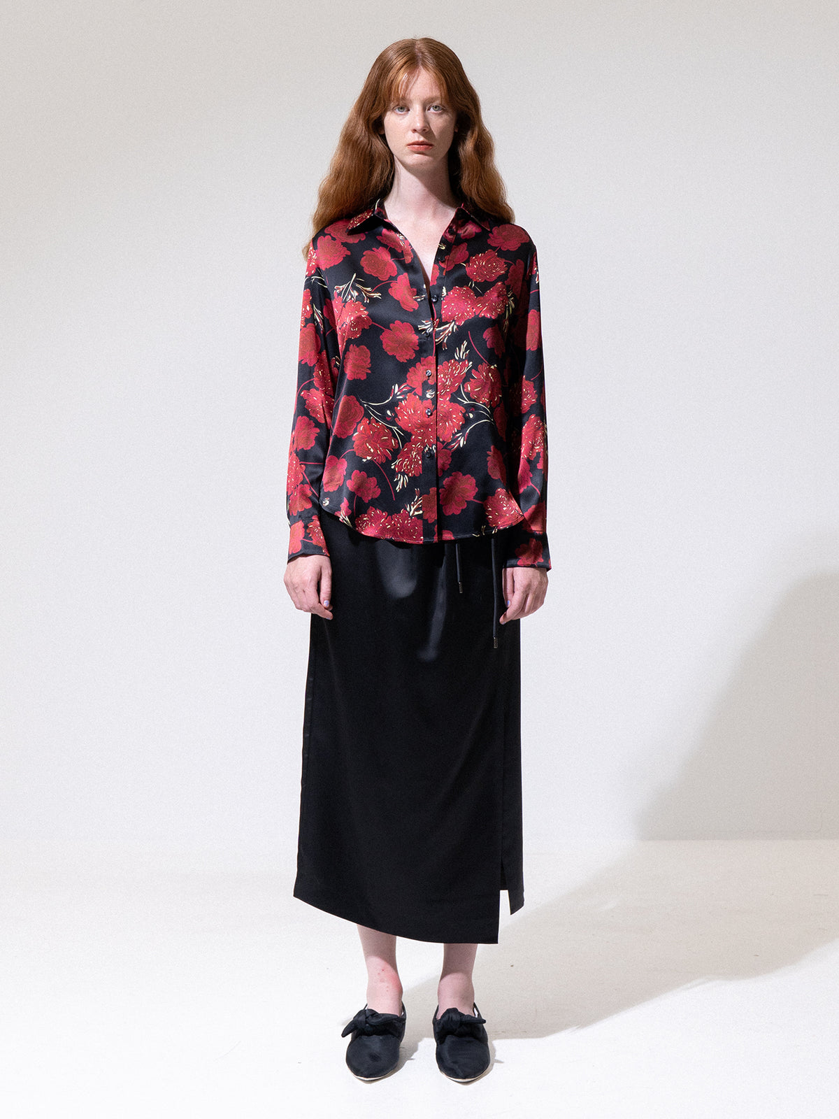 Red Floral Silk Button-Up Shirt