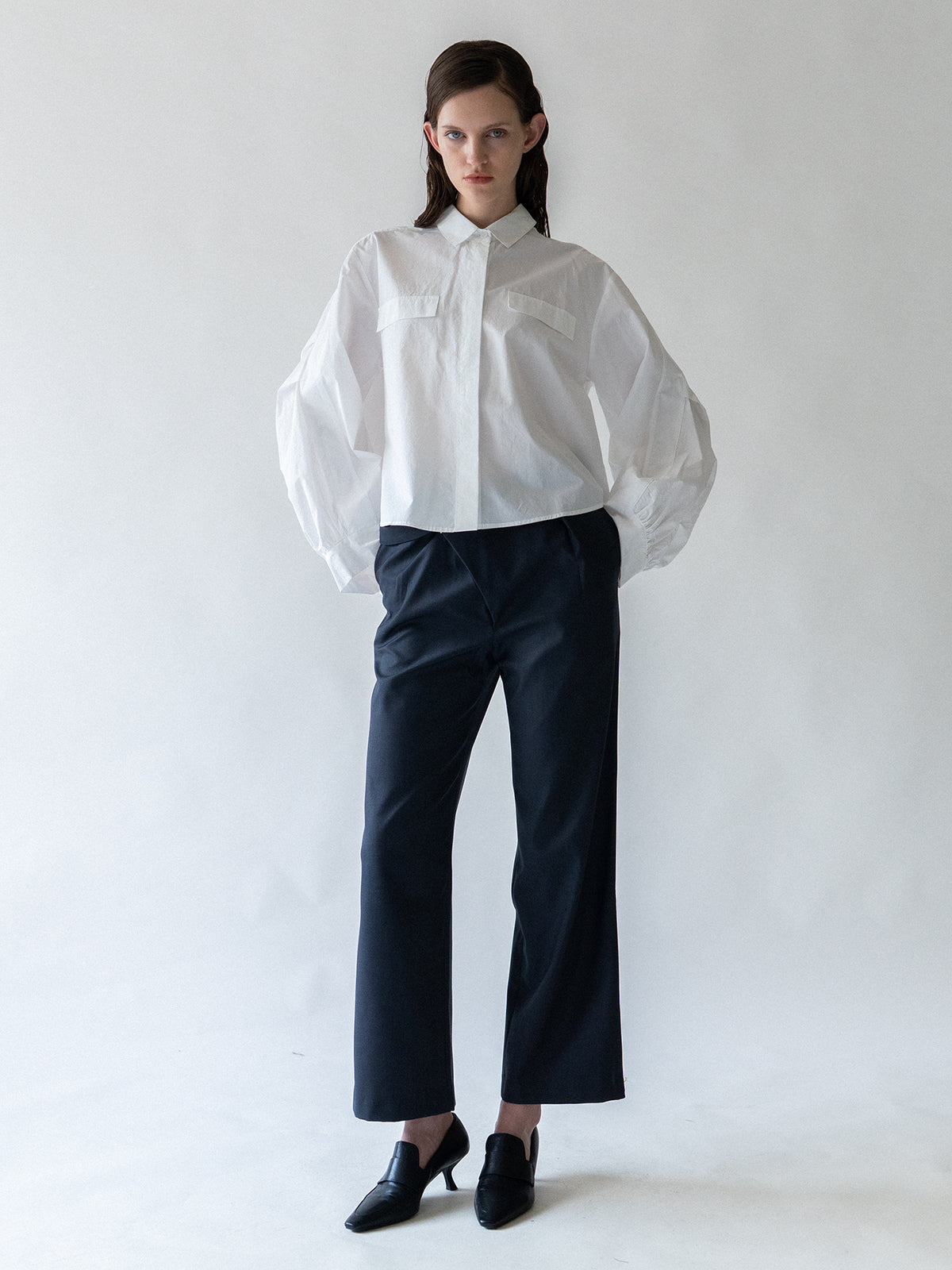 White Pleated Sleeve Cropped Blouse