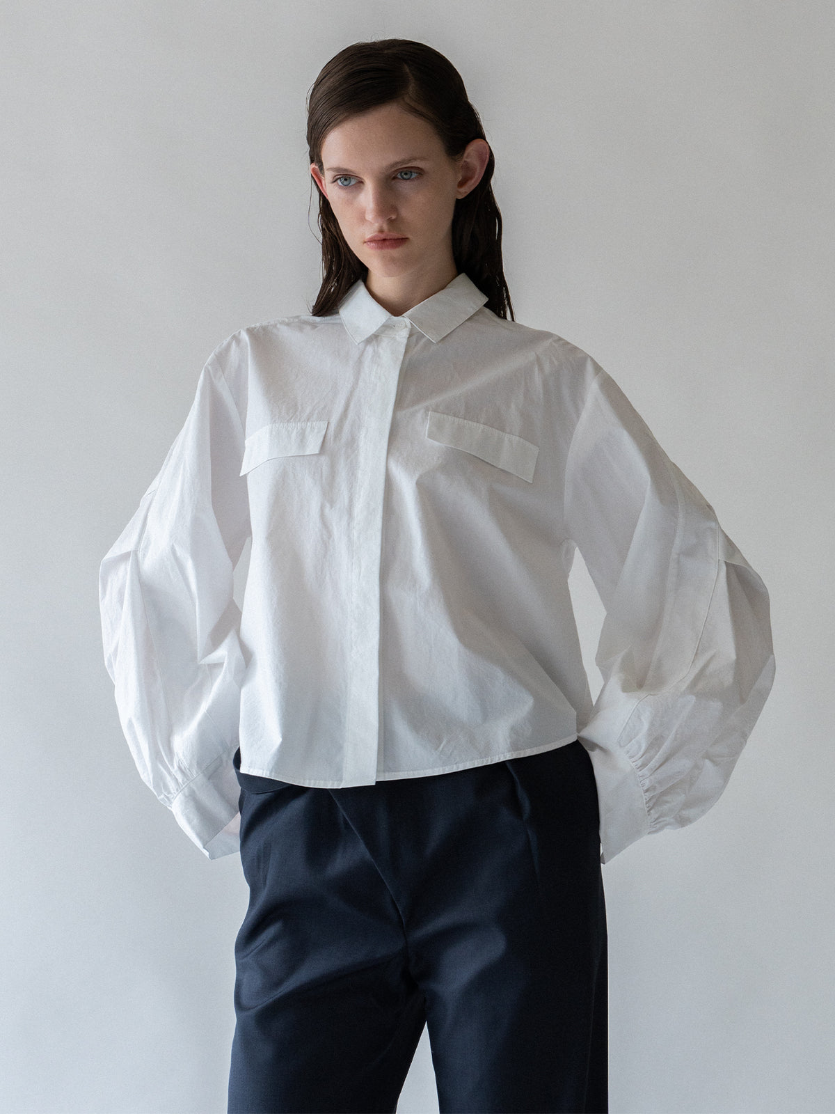White Pleated Sleeve Cropped Blouse
